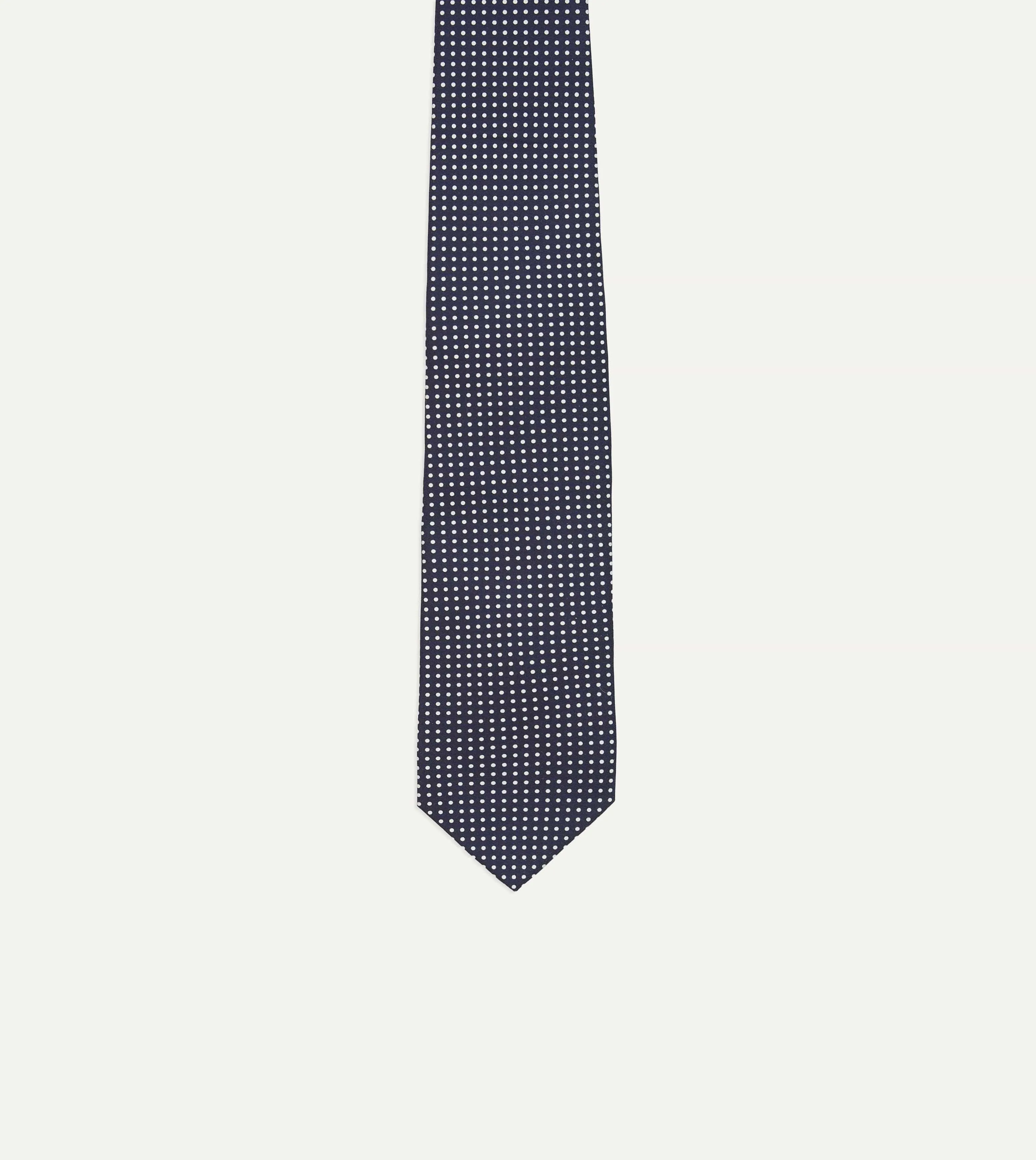 Navy Micro Polka Dot Silk Self-Tipped Tie sold by Drake's London product image thumbnail 3