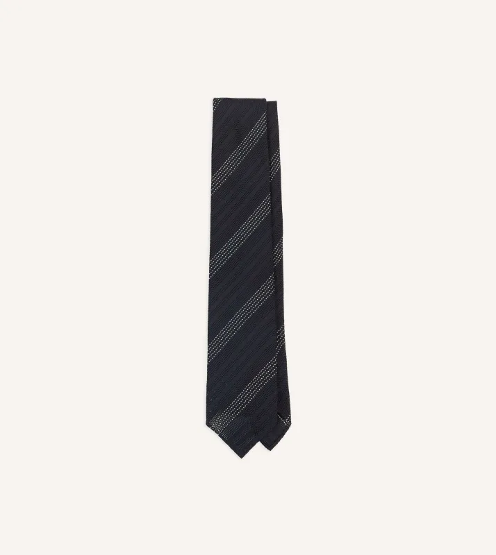 Navy and White Dashed Stripe Hand Rolled Silk Grenadine Tie sold by Drake's London