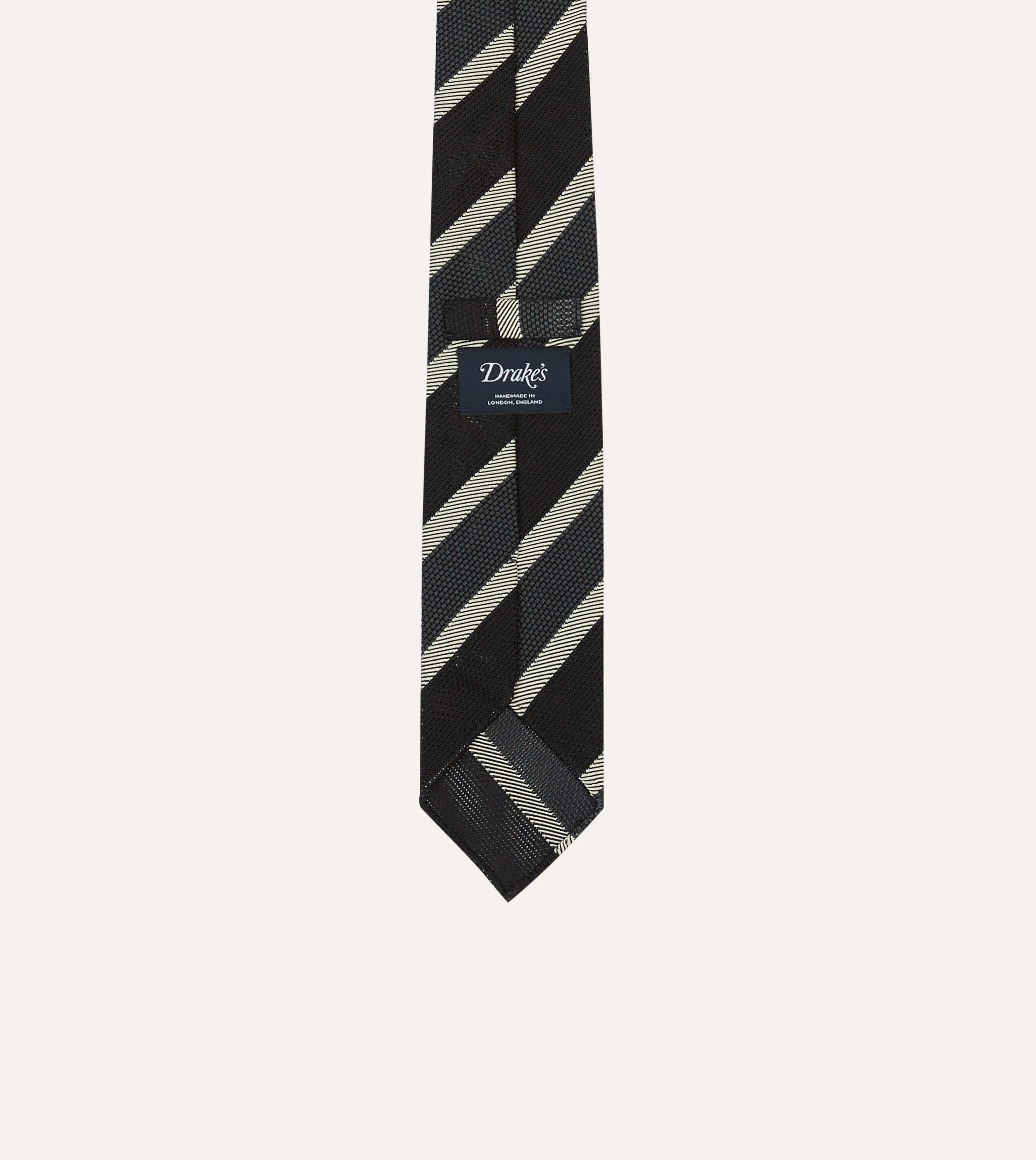 Black, White and Grey Multi Stripe Hand Rolled Silk Grenadine Tie sold by Drake's London product image thumbnail 4
