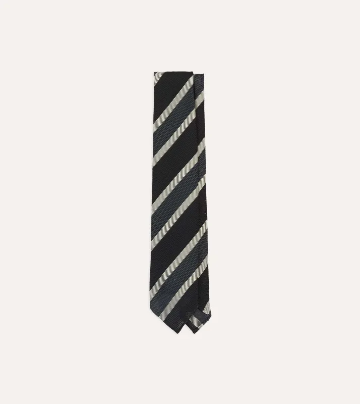 Black, White and Grey Multi Stripe Hand Rolled Silk Grenadine Tie sold by Drake's London