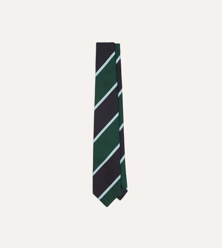 Navy and Green Broad Stripe Mogador Silk Tipped Tie sold by Drake's London