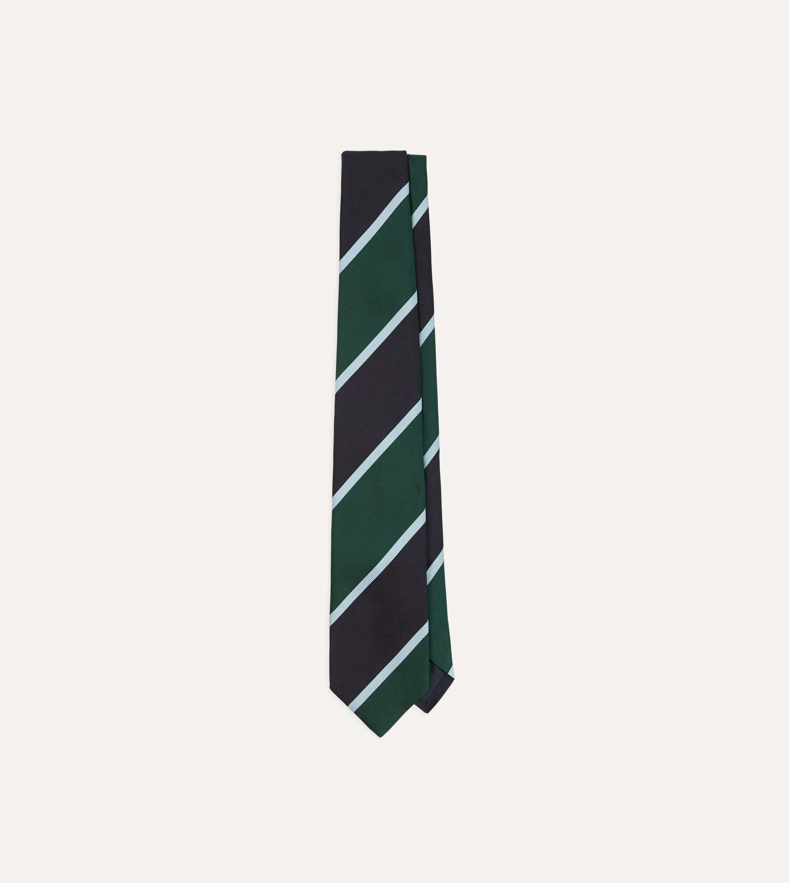 Navy and Green Broad Stripe Mogador Silk Tipped Tie sold by Drake's London
