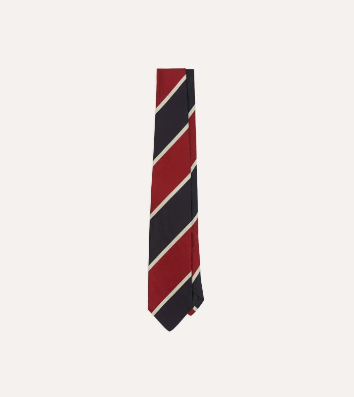 Red and Ecru Broad Stripe Mogador Silk Tipped Tie sold by Drake's London
