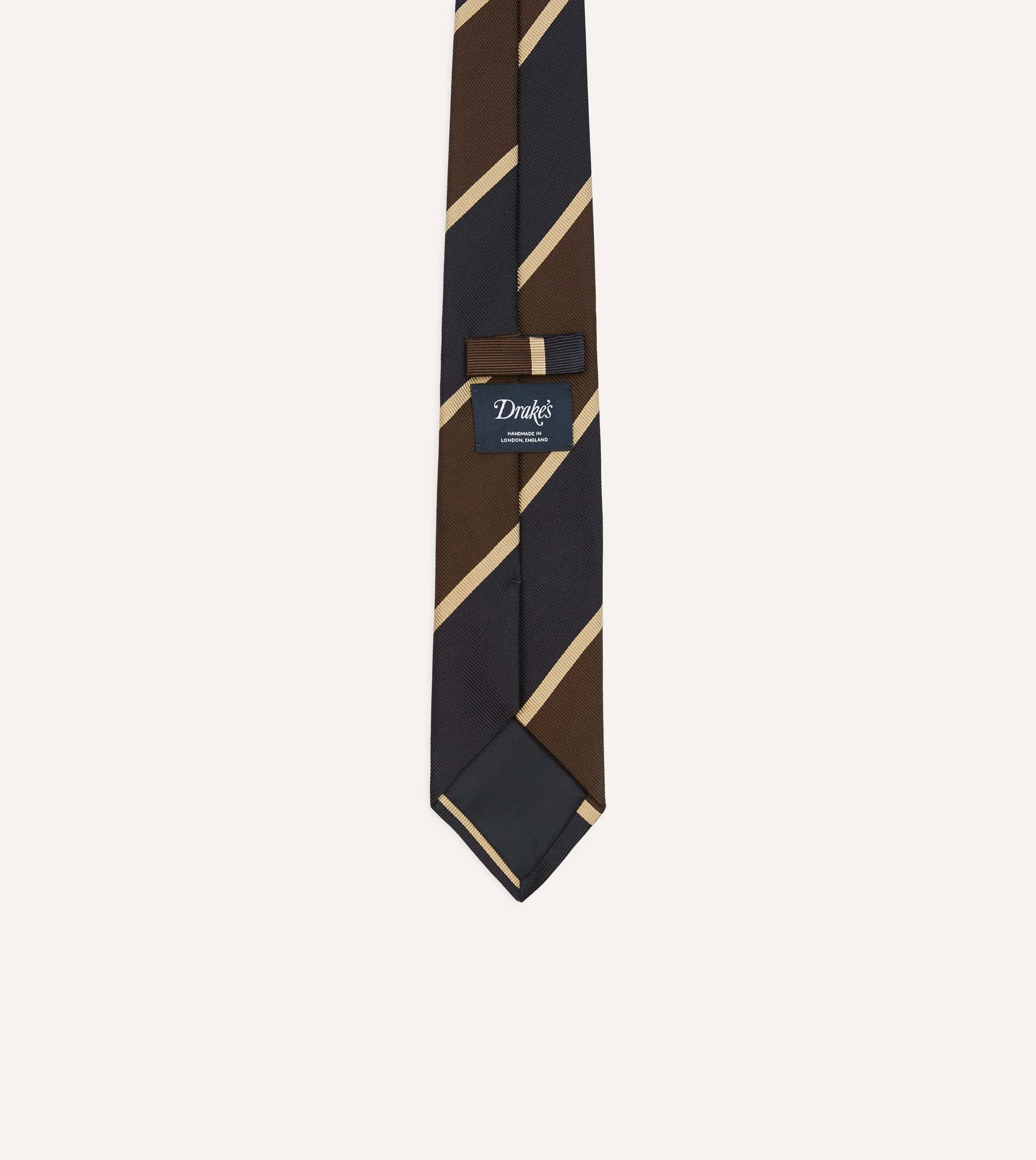 Navy and Brown Broad Stripe Mogador Silk Tipped Tie sold by Drake's London product image thumbnail 4