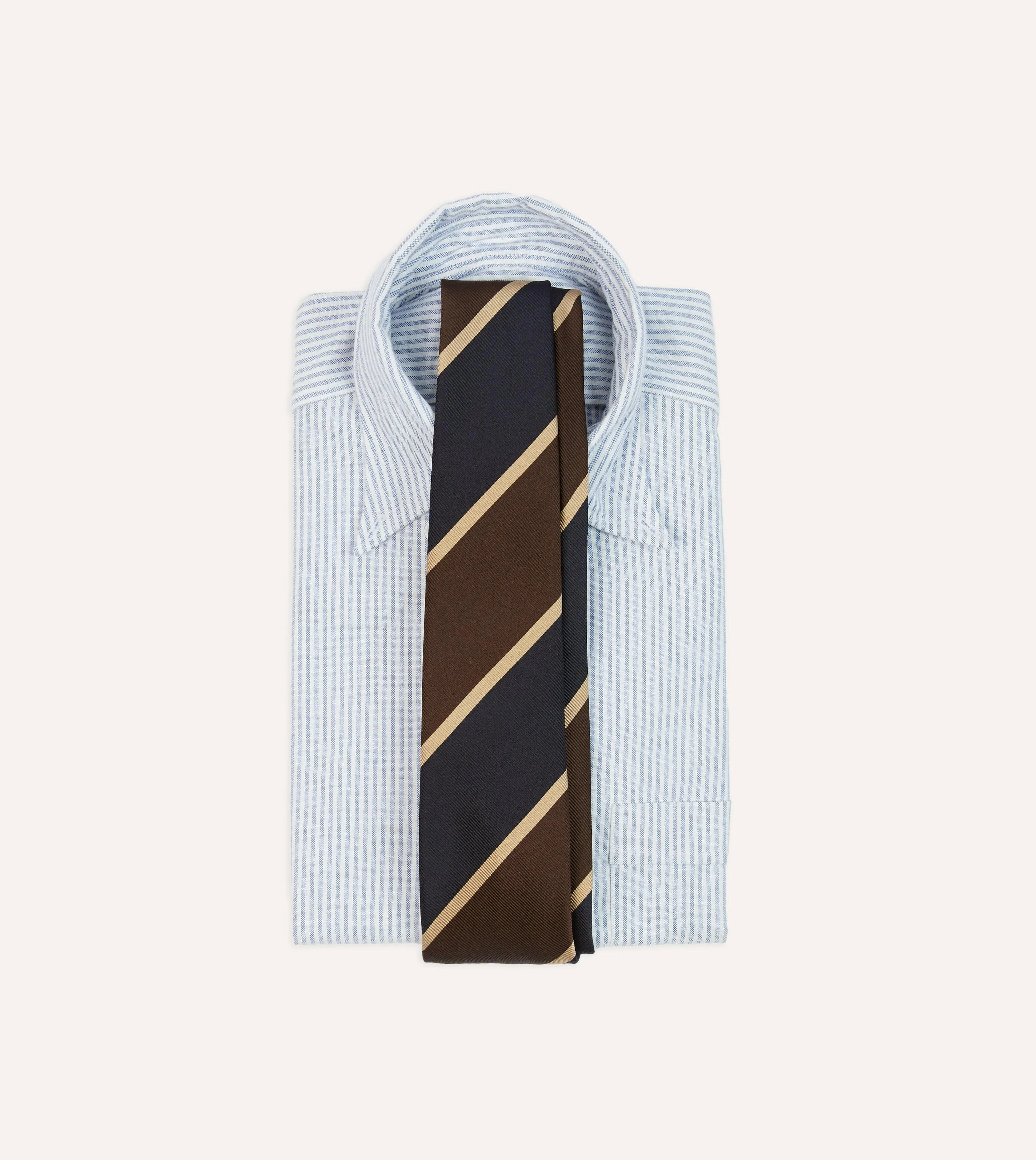Navy and Brown Broad Stripe Mogador Silk Tipped Tie sold by Drake's London product image thumbnail 2