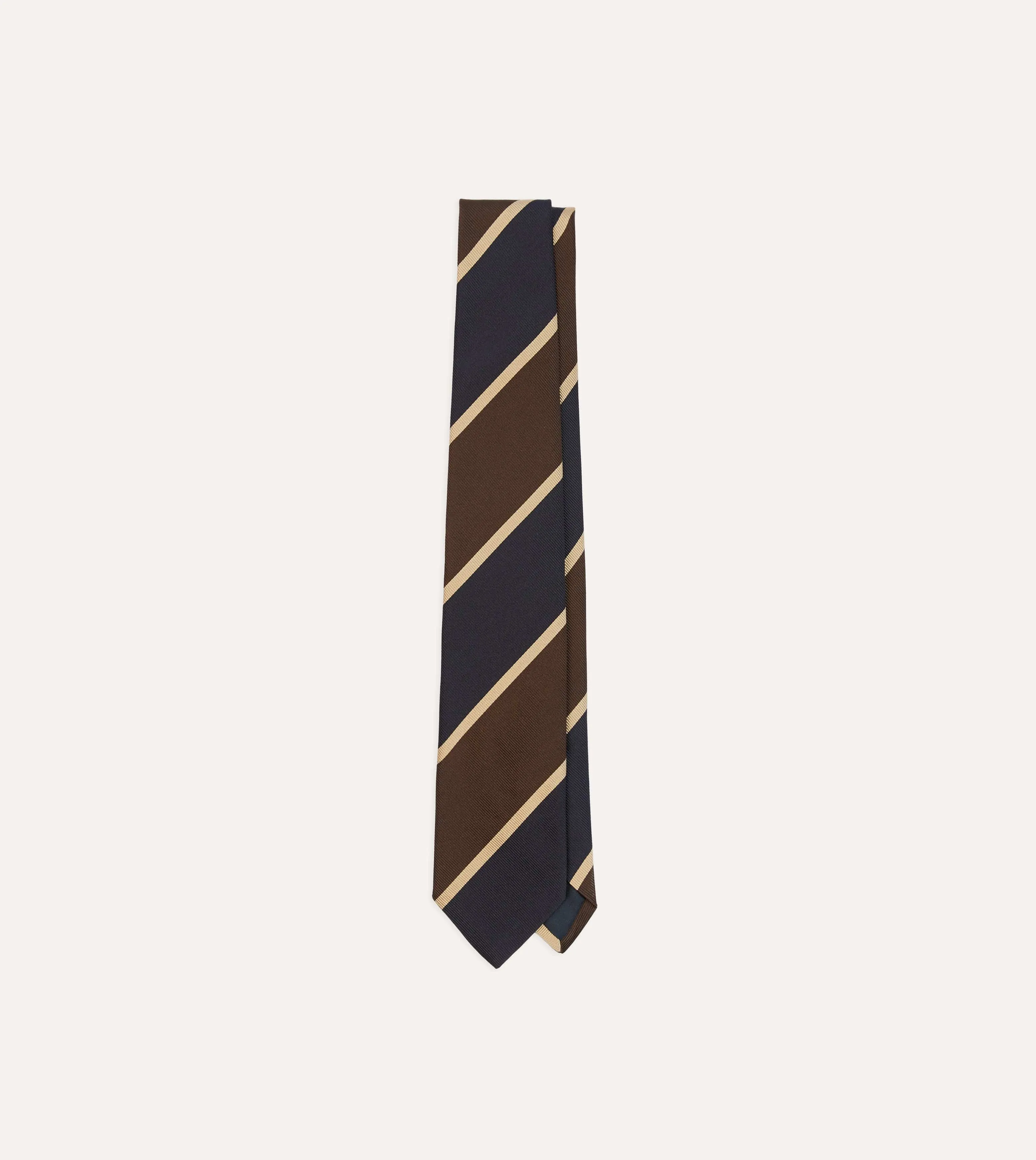 Navy and Brown Broad Stripe Mogador Silk Tipped Tie sold by Drake's London