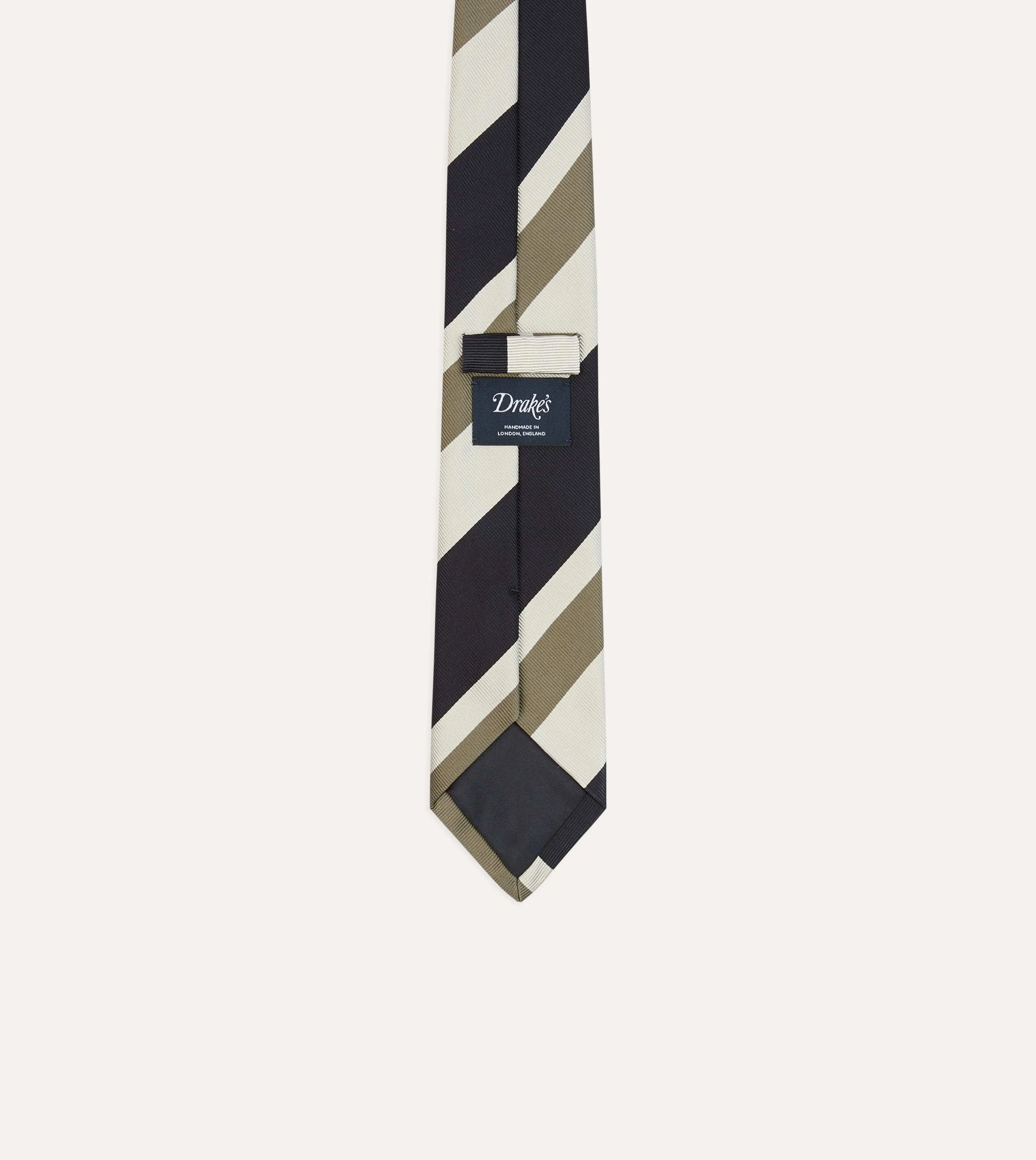 Navy and Olive Broad Stripe Silk Tipped Tie sold by Drake's London product image thumbnail 4