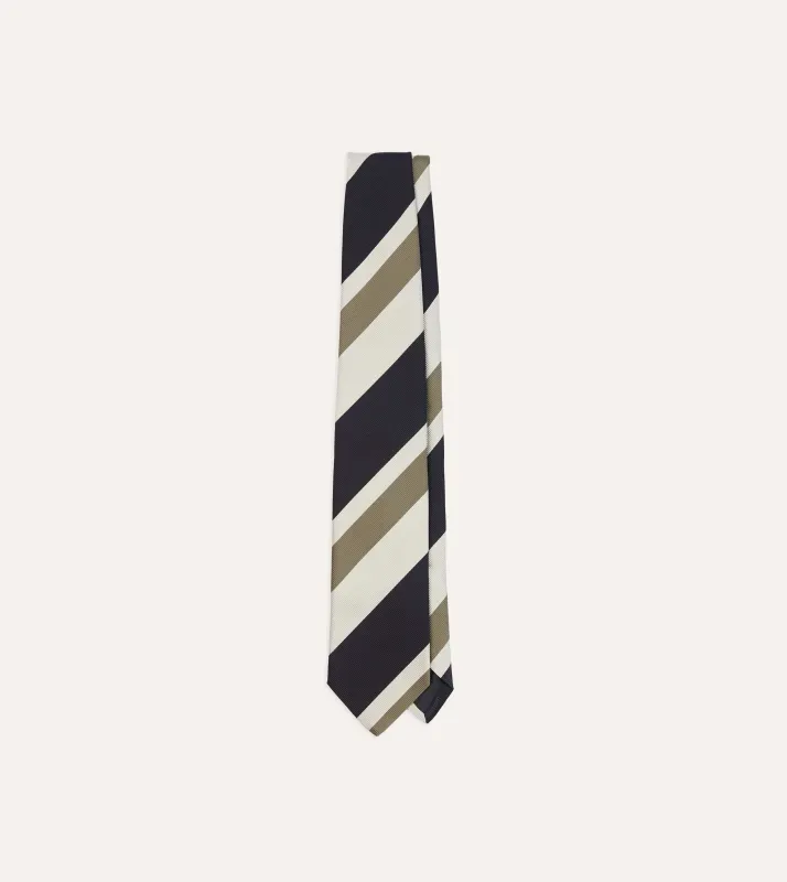 Navy and Olive Broad Stripe Silk Tipped Tie sold by Drake's London