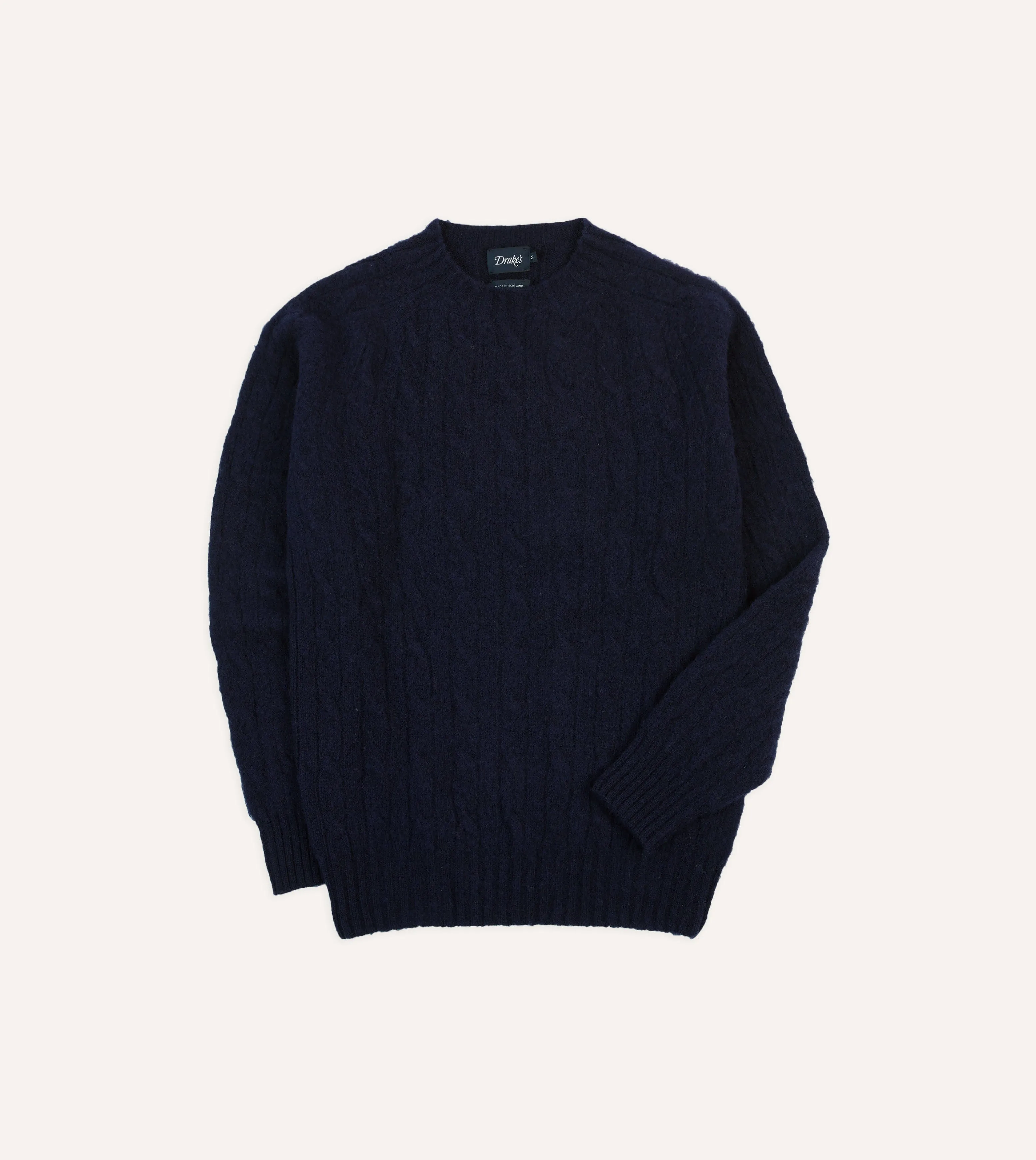 Navy Brushed Cable Knit Shetland Crew Neck Jumper sold by Drake's London