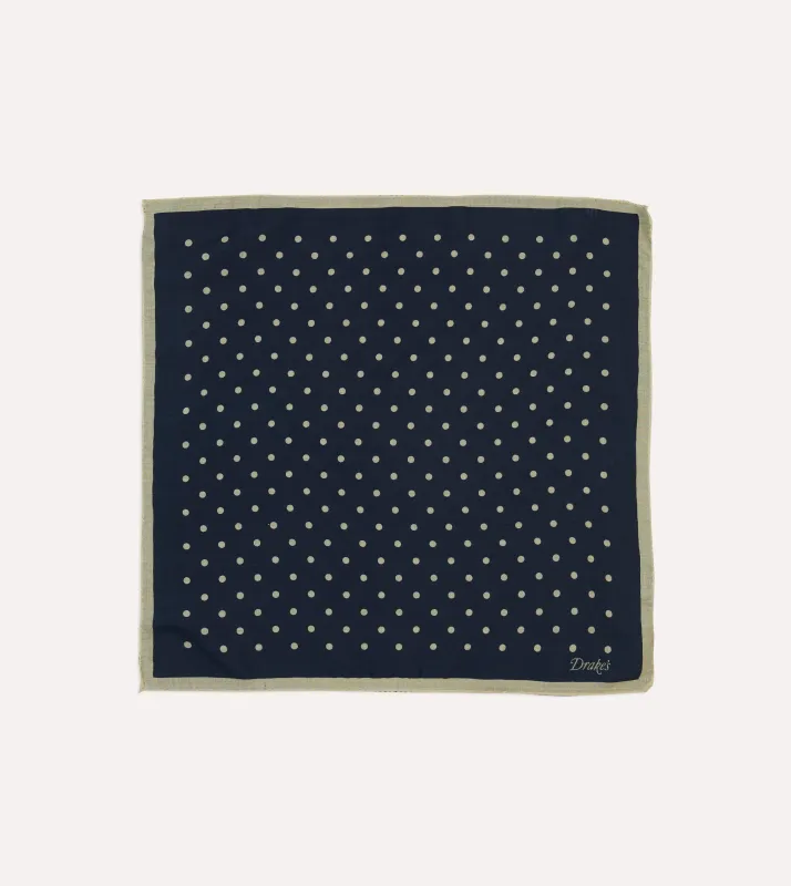 Navy Spot Print Wool-Silk Pocket Square sold by Drake's London