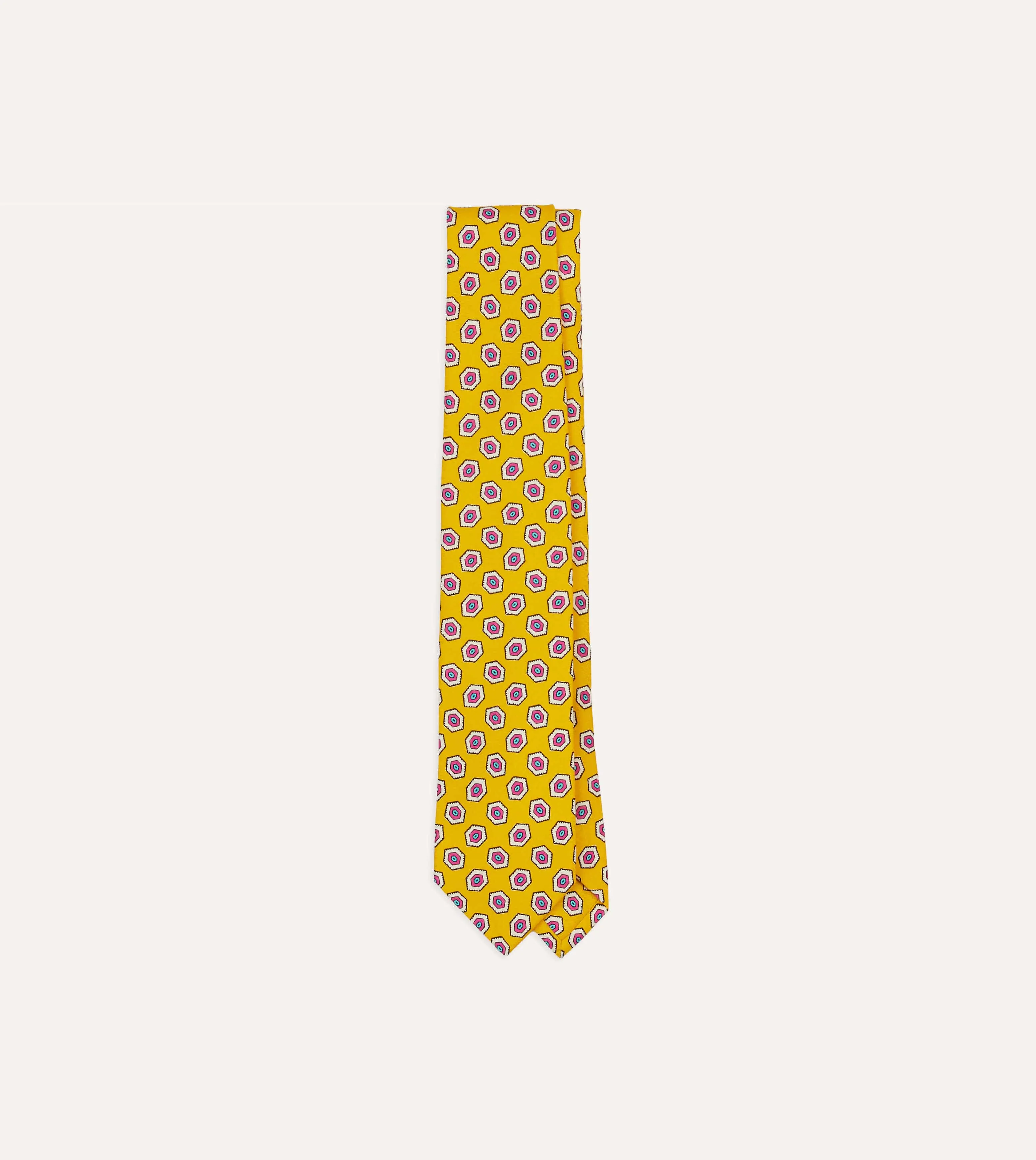 Yellow Hexagon Tile Print Silk Self-Tipped Tie sold by Drake's London