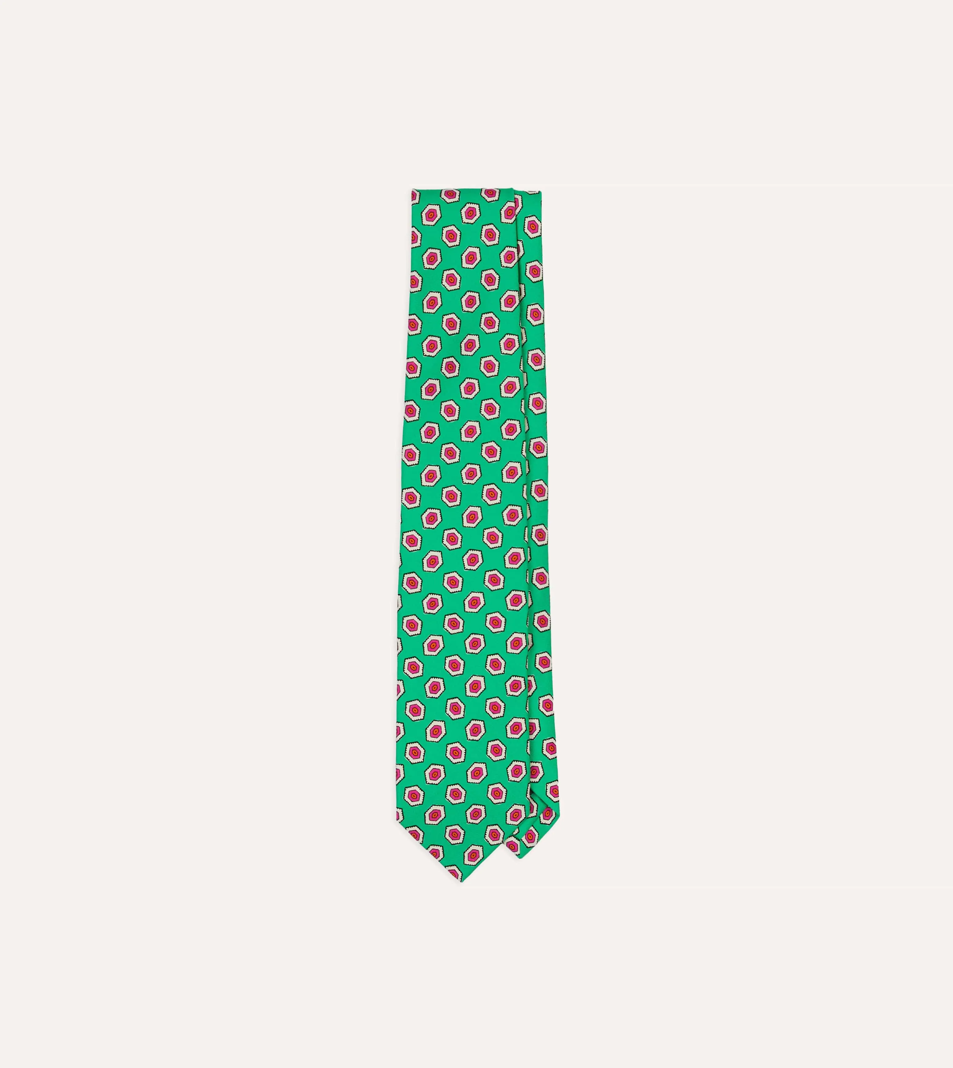 Green Hexagon Tile Print Silk Self-Tipped Tie sold by Drake's London