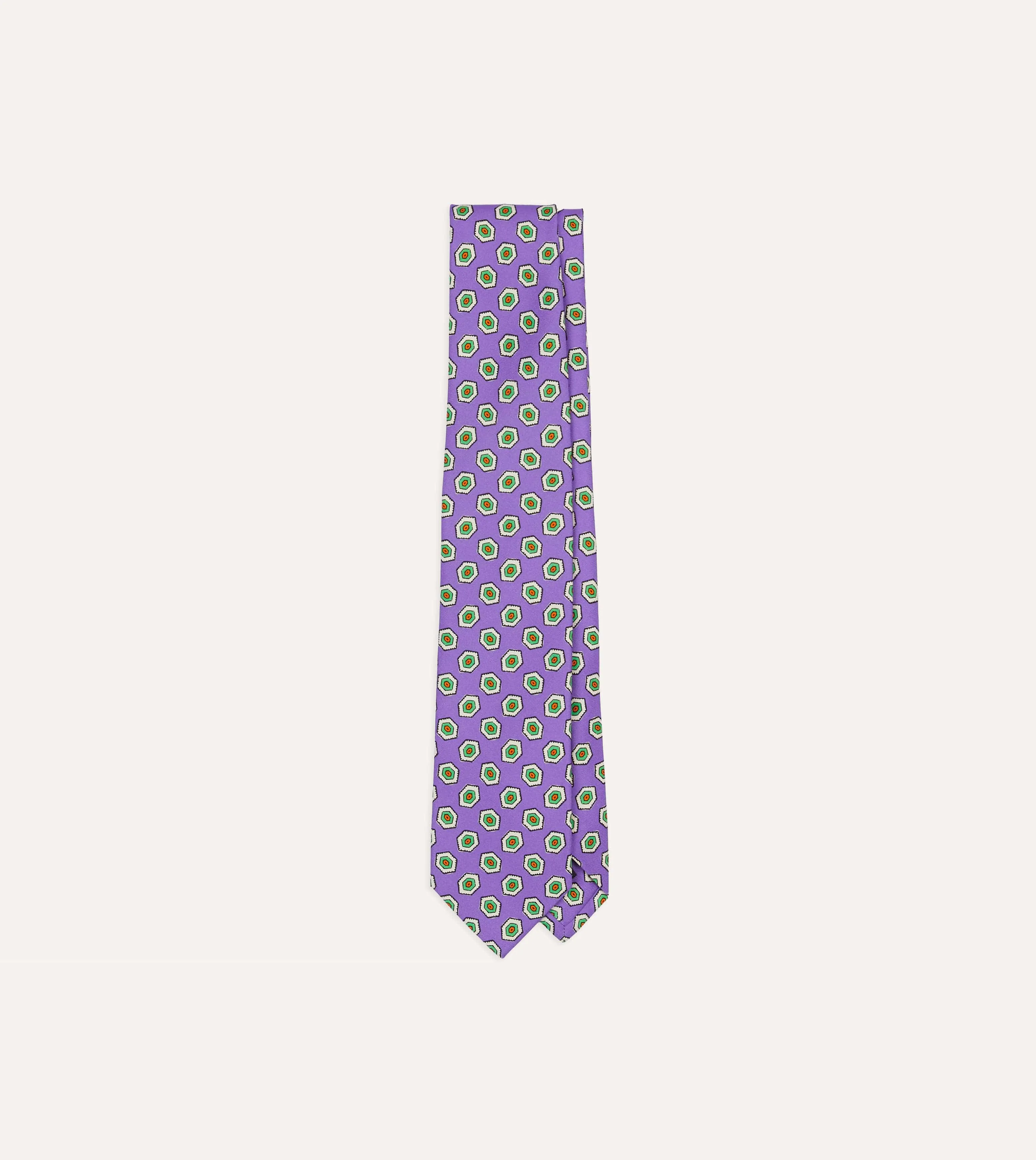 Purple Hexagon Tile Print Silk Self-Tipped Tie sold by Drake's London