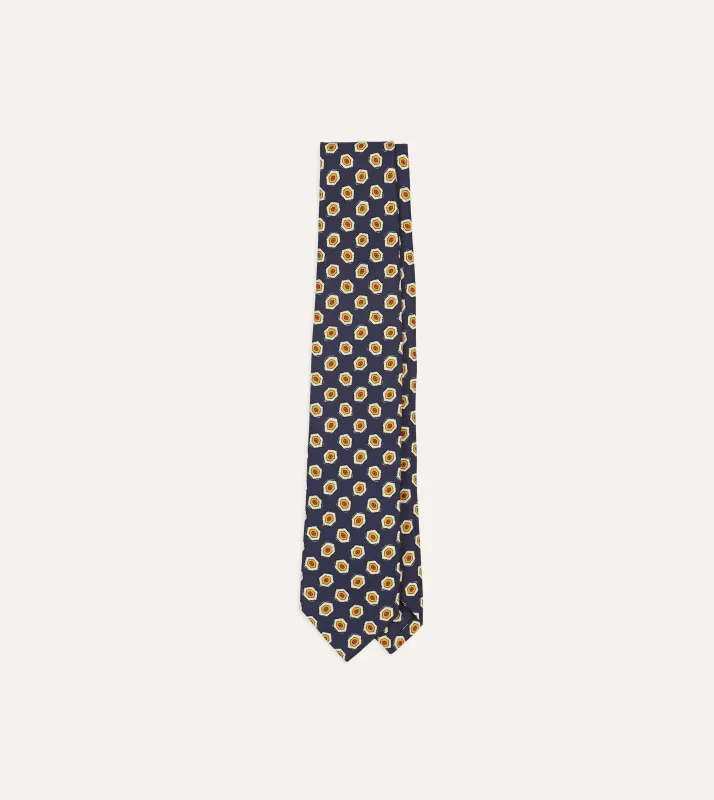Navy Hexagon Tile Print Silk Self-Tipped Tie sold by Drake's London