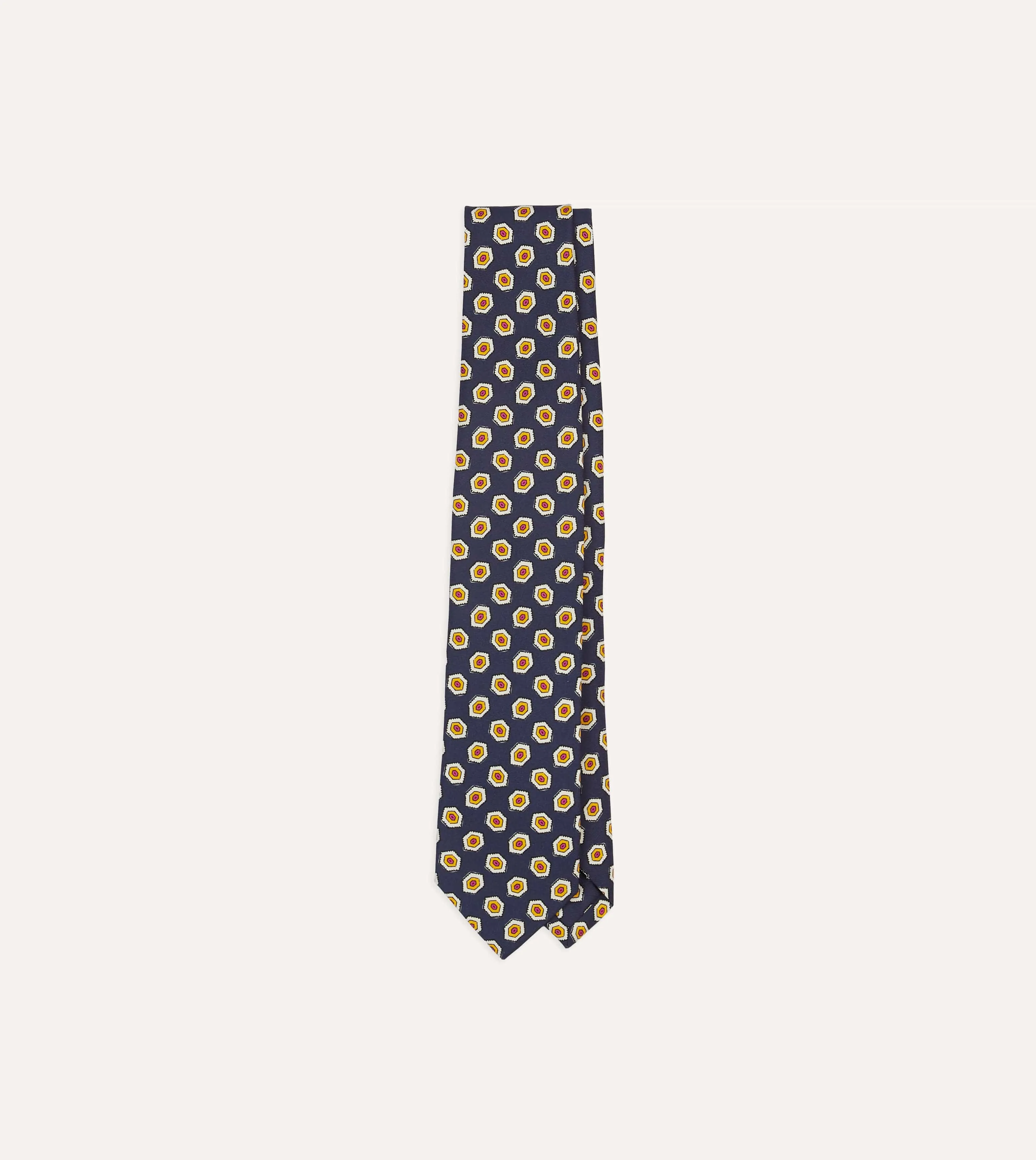 Navy Hexagon Tile Print Silk Self-Tipped Tie sold by Drake's London