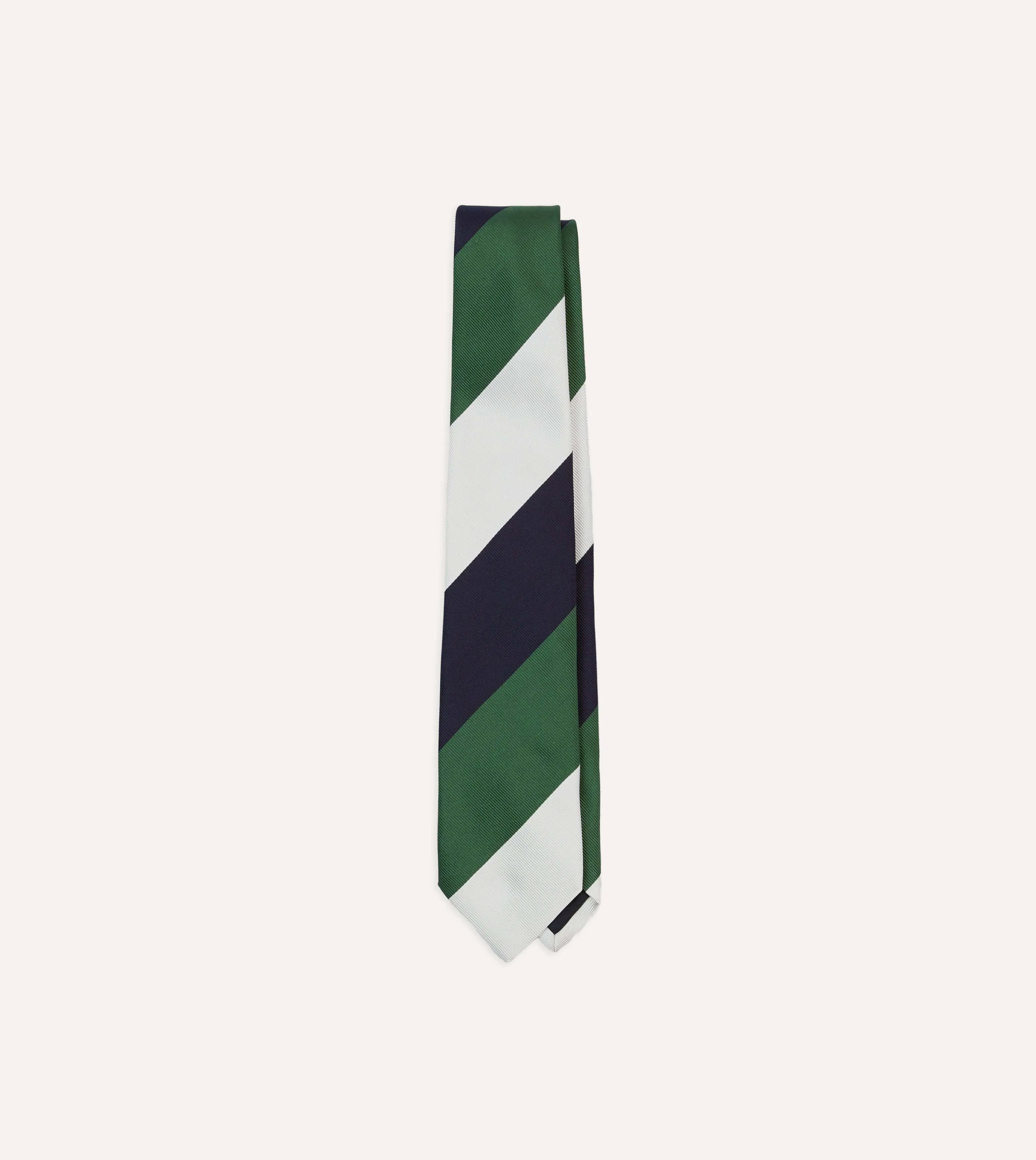 White, Navy and Green Wide Stripe Repp Silk Tipped Tie sold by Drake's London