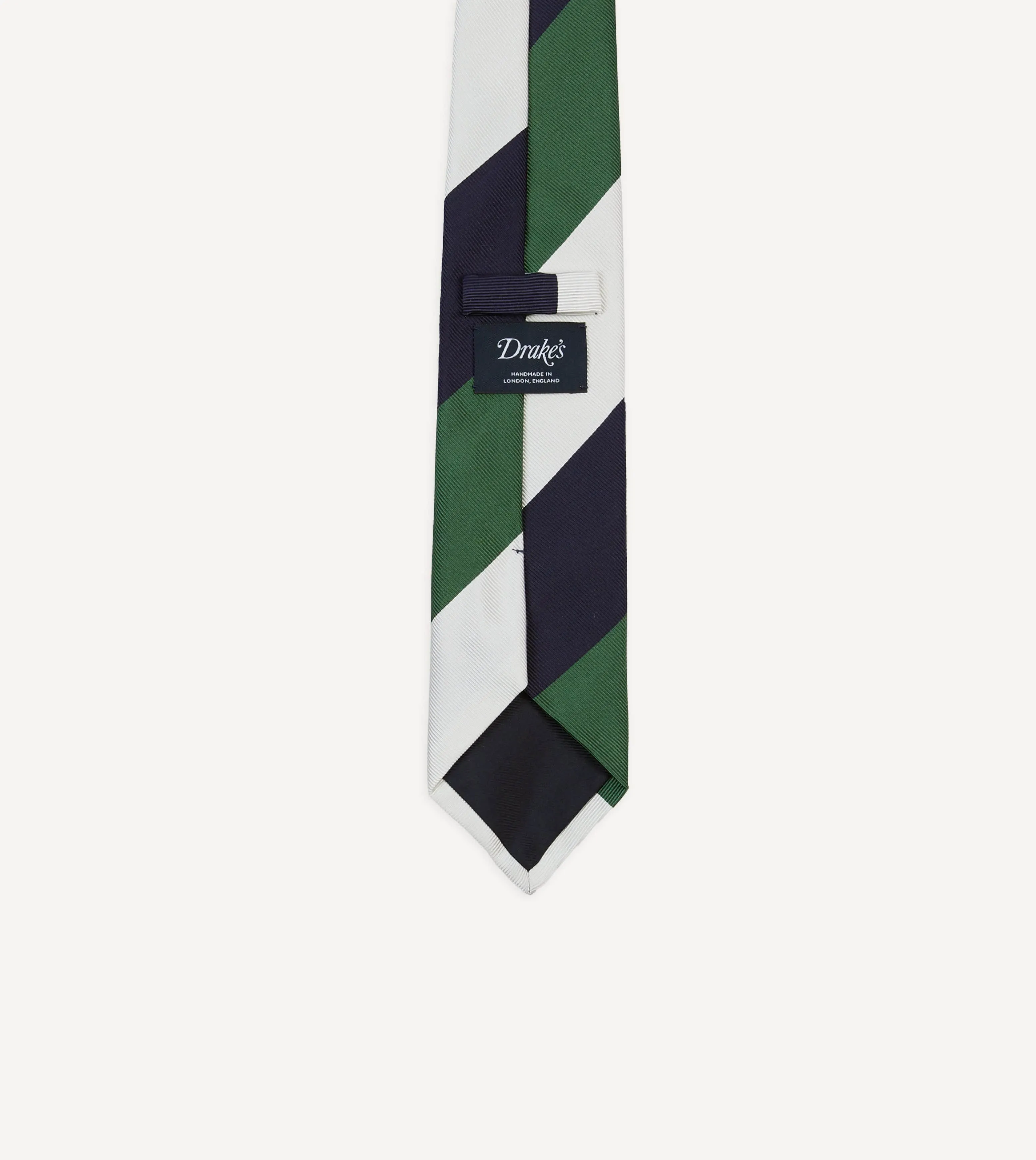 White, Navy and Green Wide Stripe Repp Silk Tipped Tie sold by Drake's London product image thumbnail 4