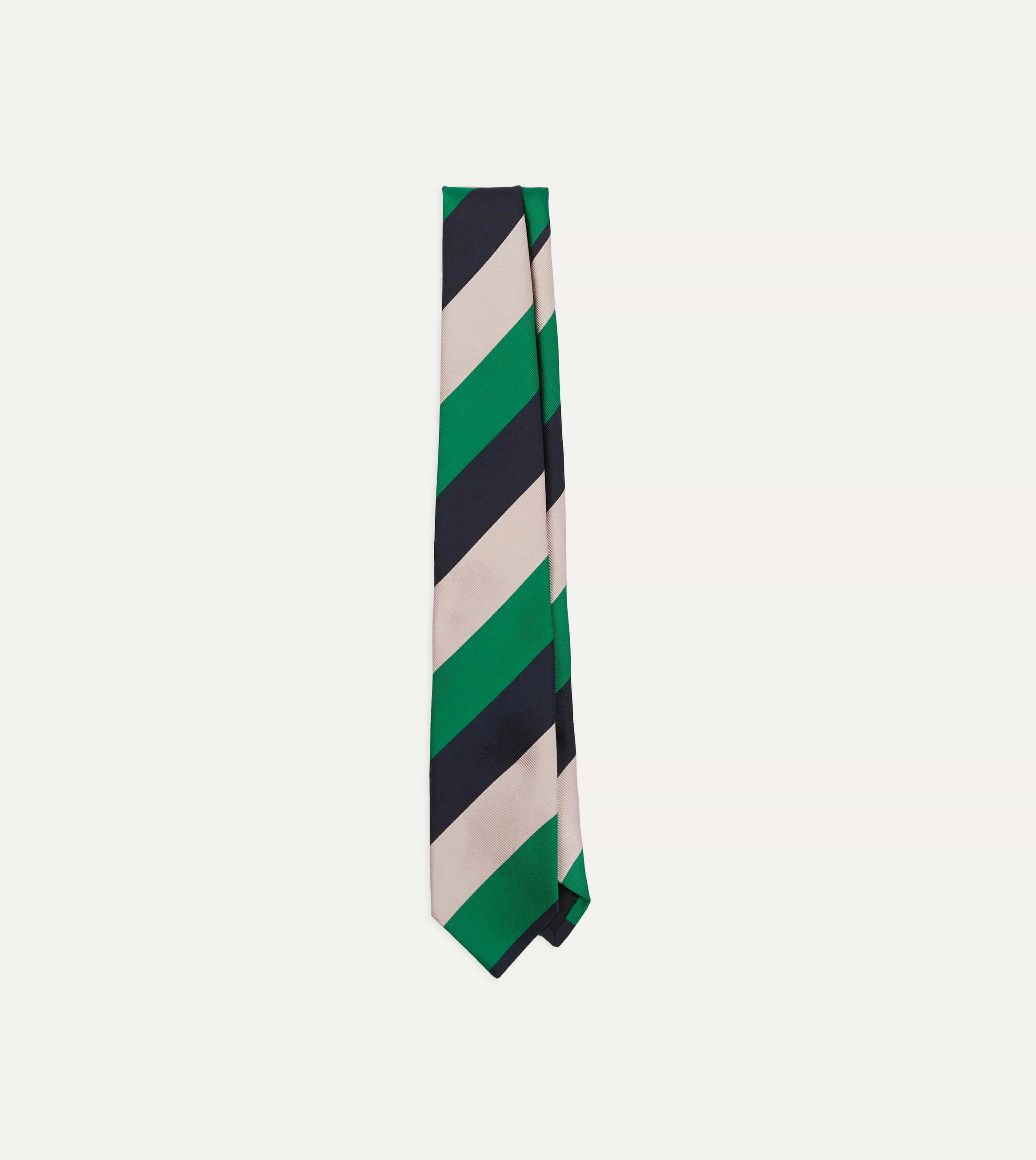 Bright Green, Navy and White Stripe Tipped Repp Silk Tie sold by Drake's London