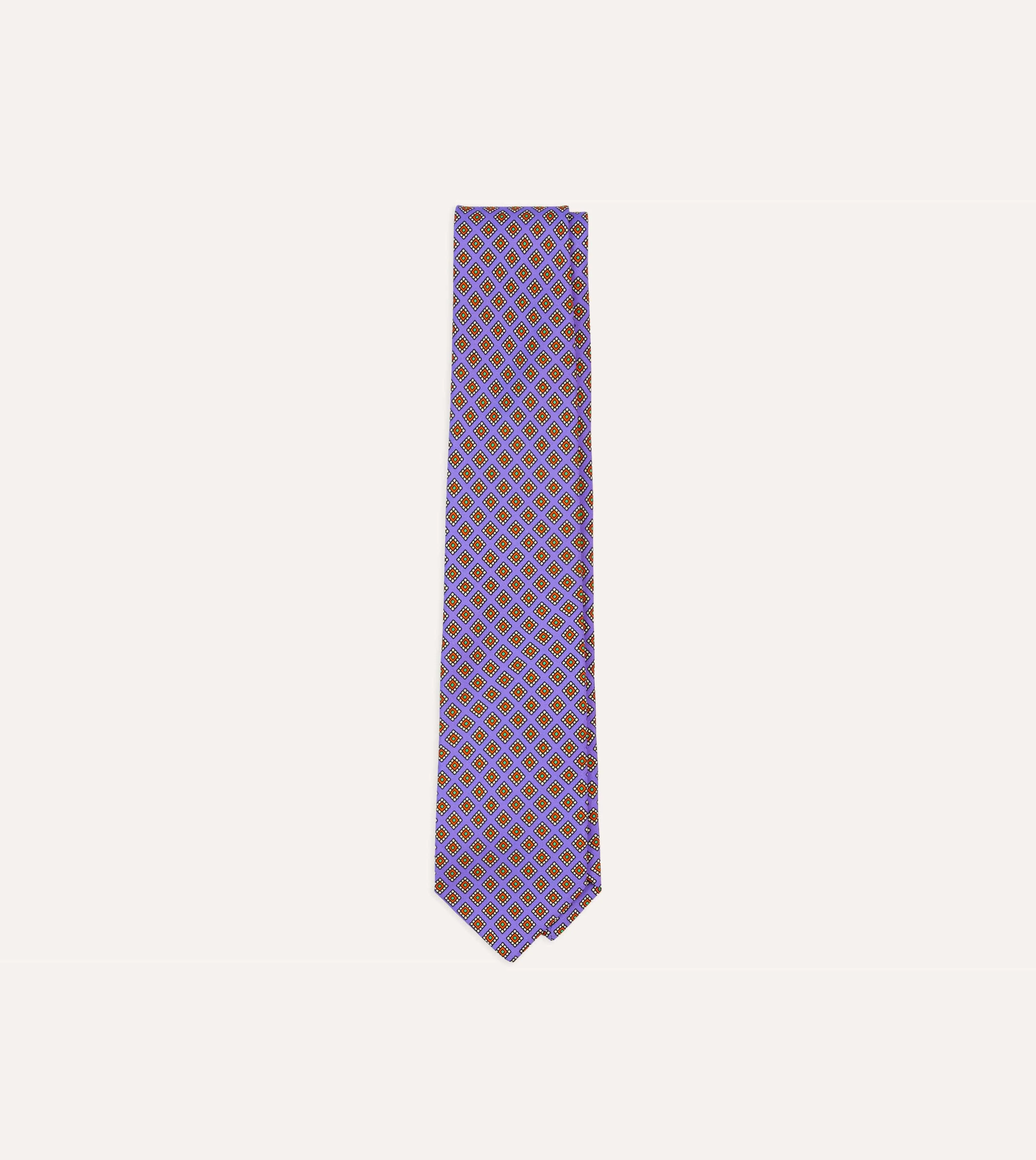 Purple Square Medallion Self-Tipped Silk Tie sold by Drake's London