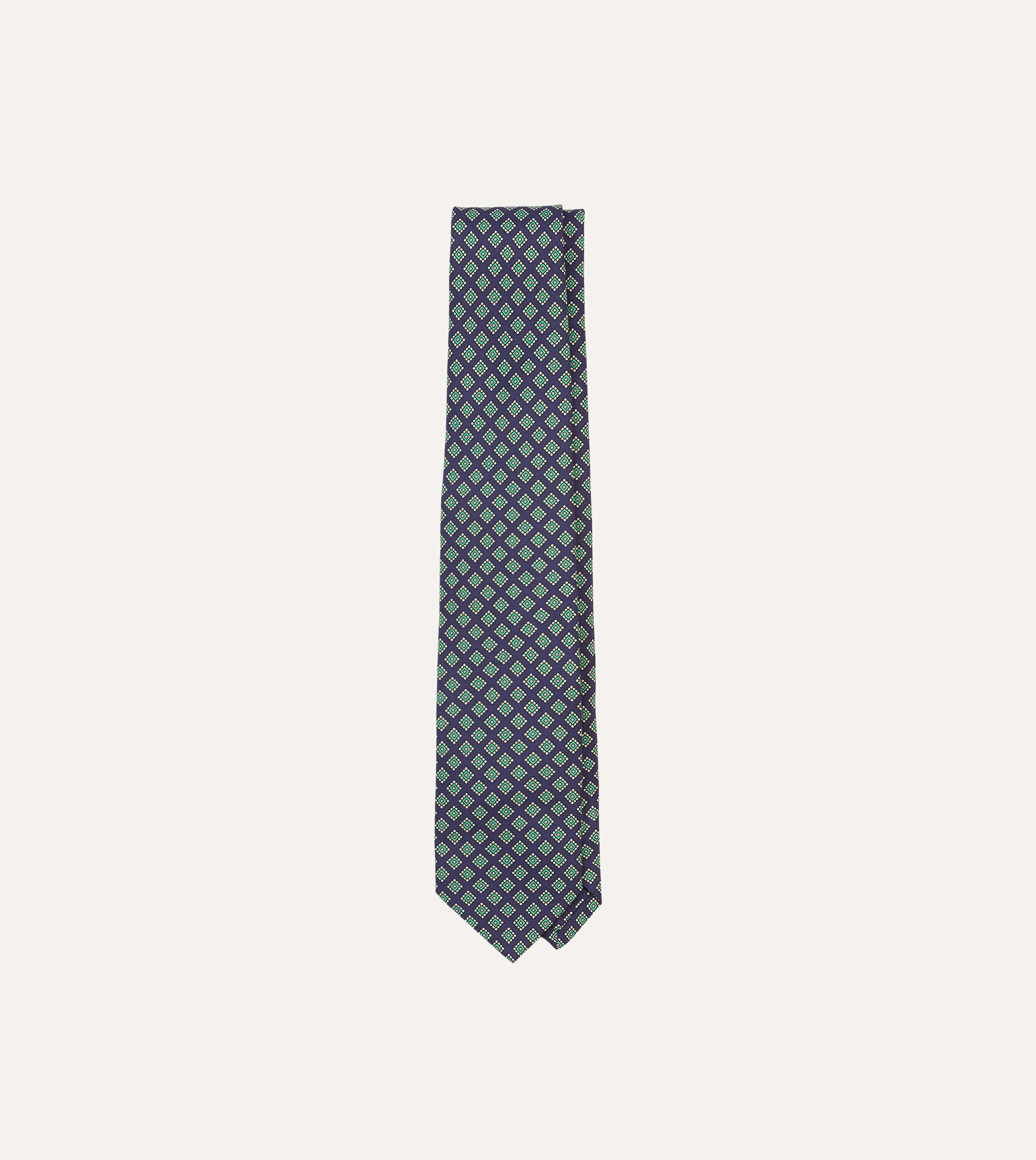 Navy Square Medallion Self-Tipped Silk Tie sold by Drake's London