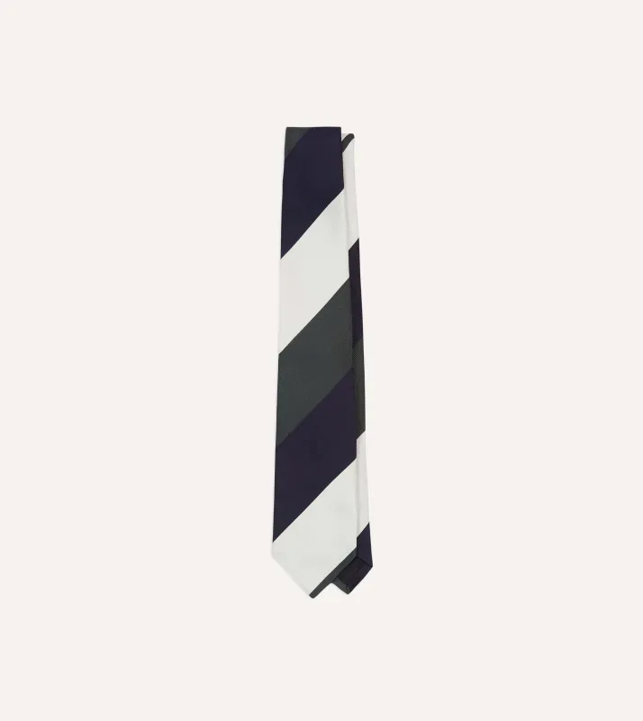 White, Navy and Grey Wide Stripe Repp Silk Tipped Tie sold by Drake's London