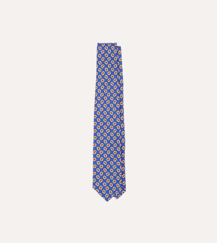 Blue Small Paisley Leaf Print Silk Self Tipped Tie sold by Drake's London