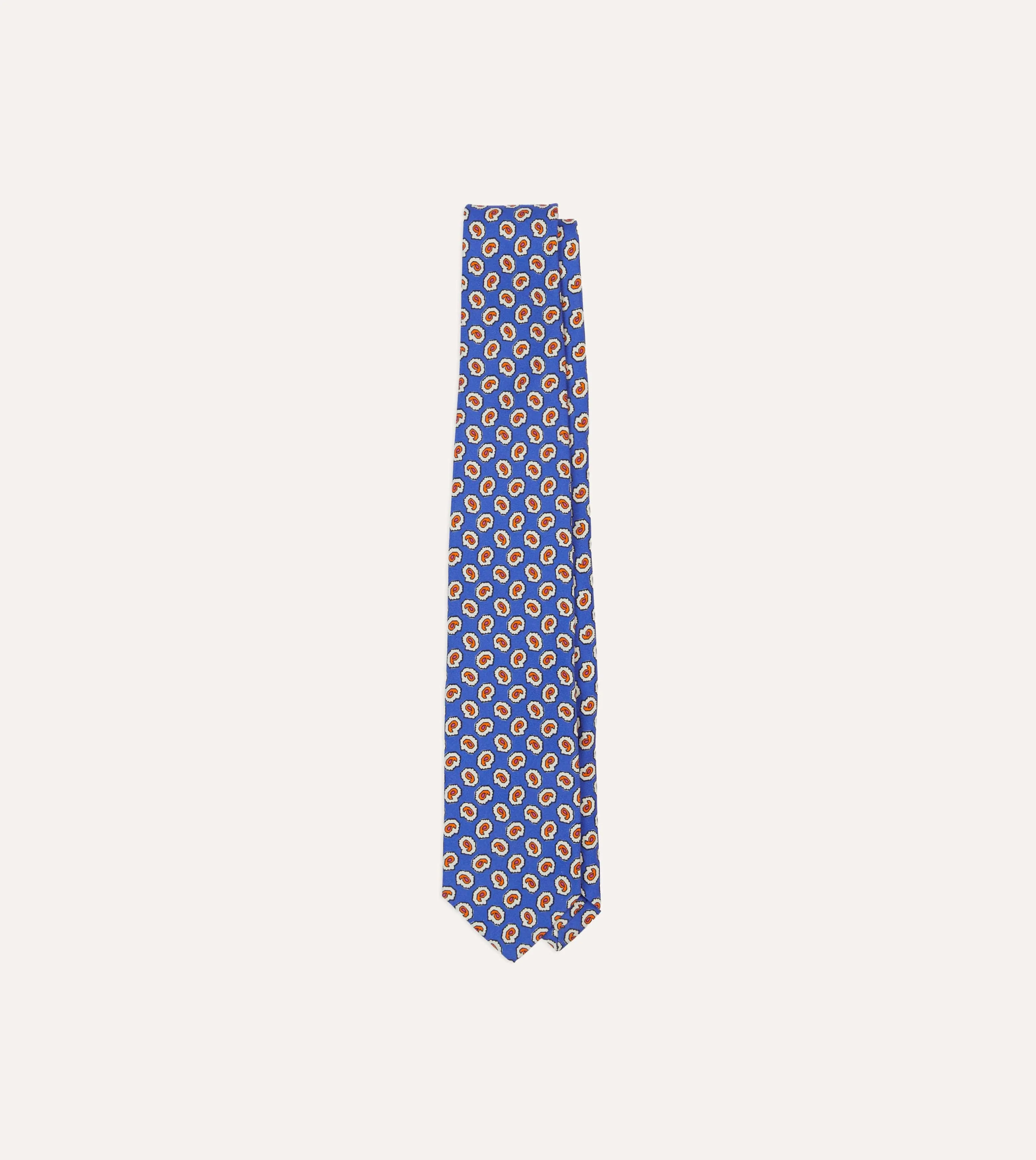 Blue Small Paisley Leaf Print Silk Self Tipped Tie sold by Drake's London
