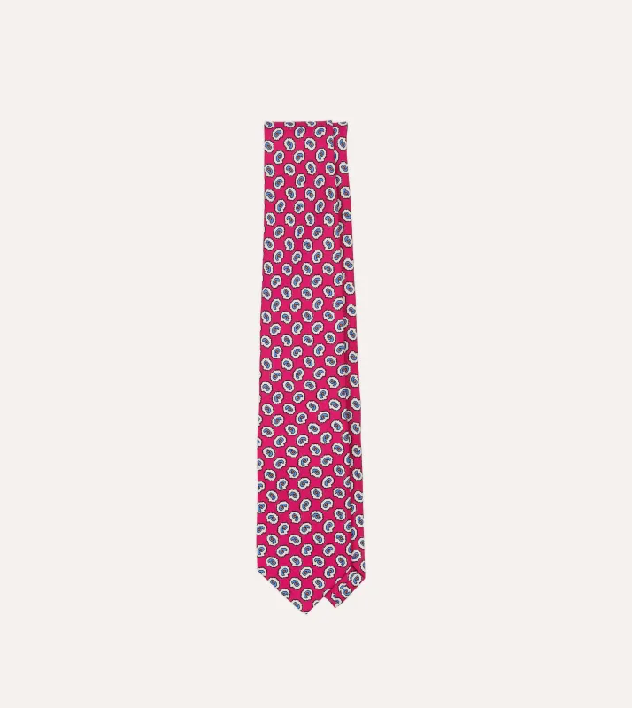Fuchsia Small Paisley Leaf Print Silk Self Tipped Tie sold by Drake's London