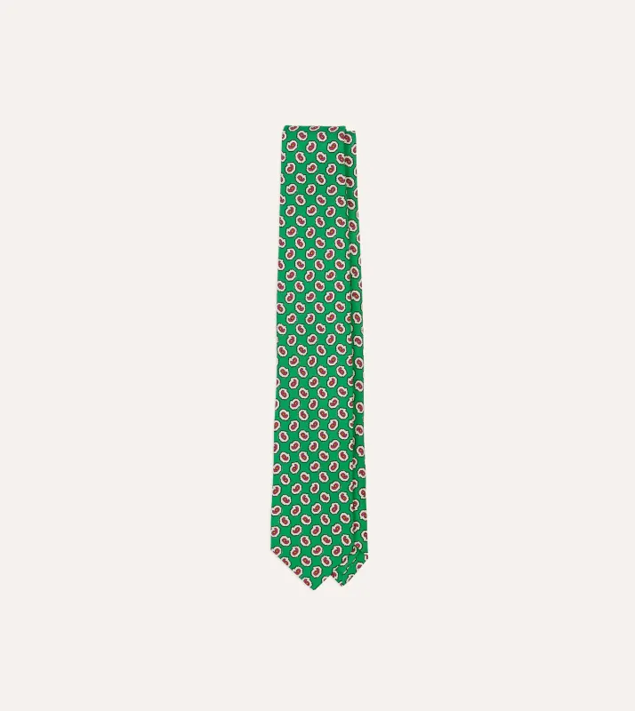 Green Small Paisley Leaf Print Silk Self Tipped Tie sold by Drake's London