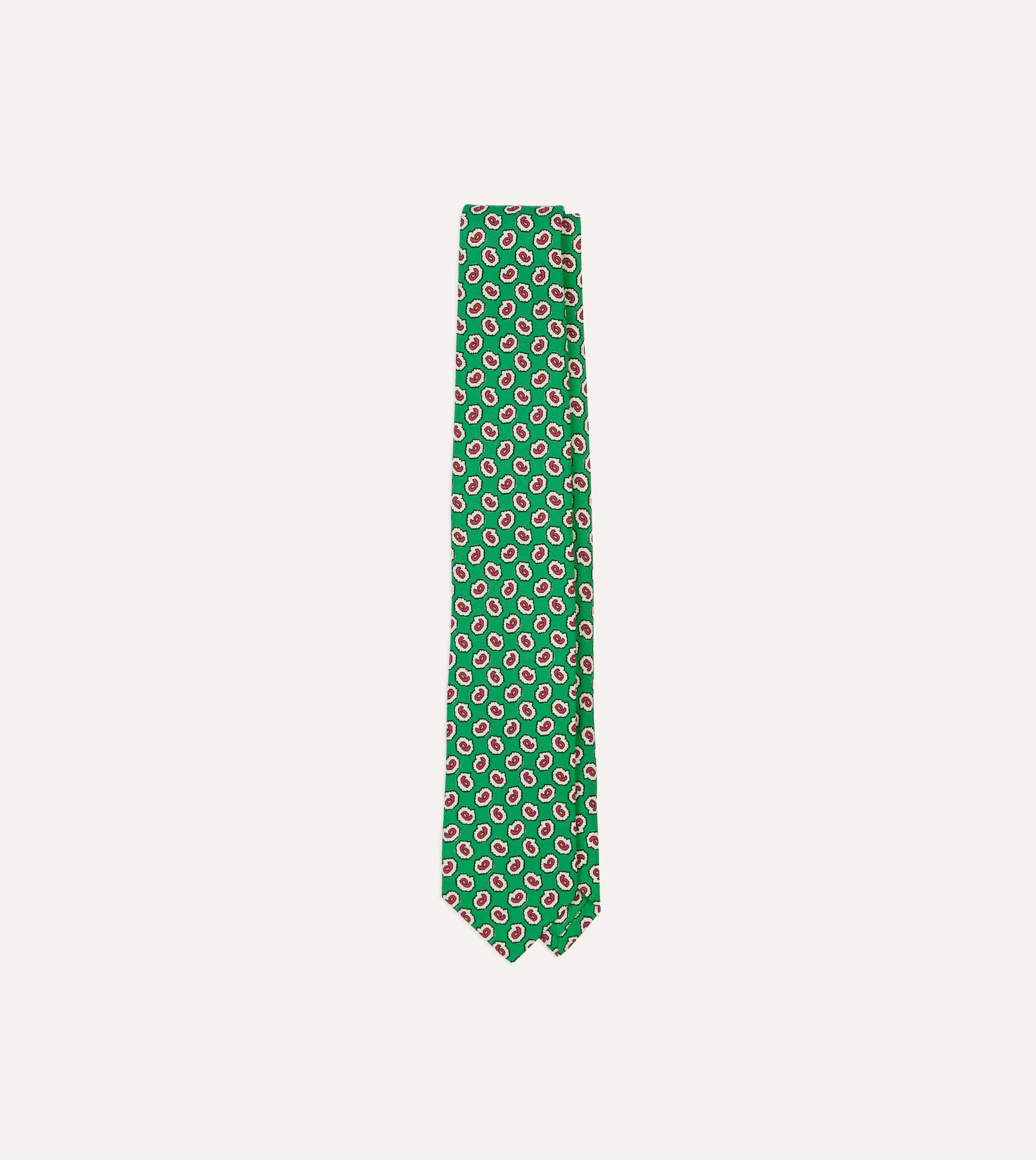 Green Small Paisley Leaf Print Silk Self Tipped Tie sold by Drake's London