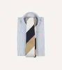 White, Navy and Brown Wide Stripe Repp Silk Tipped Tie sold by Drake's London