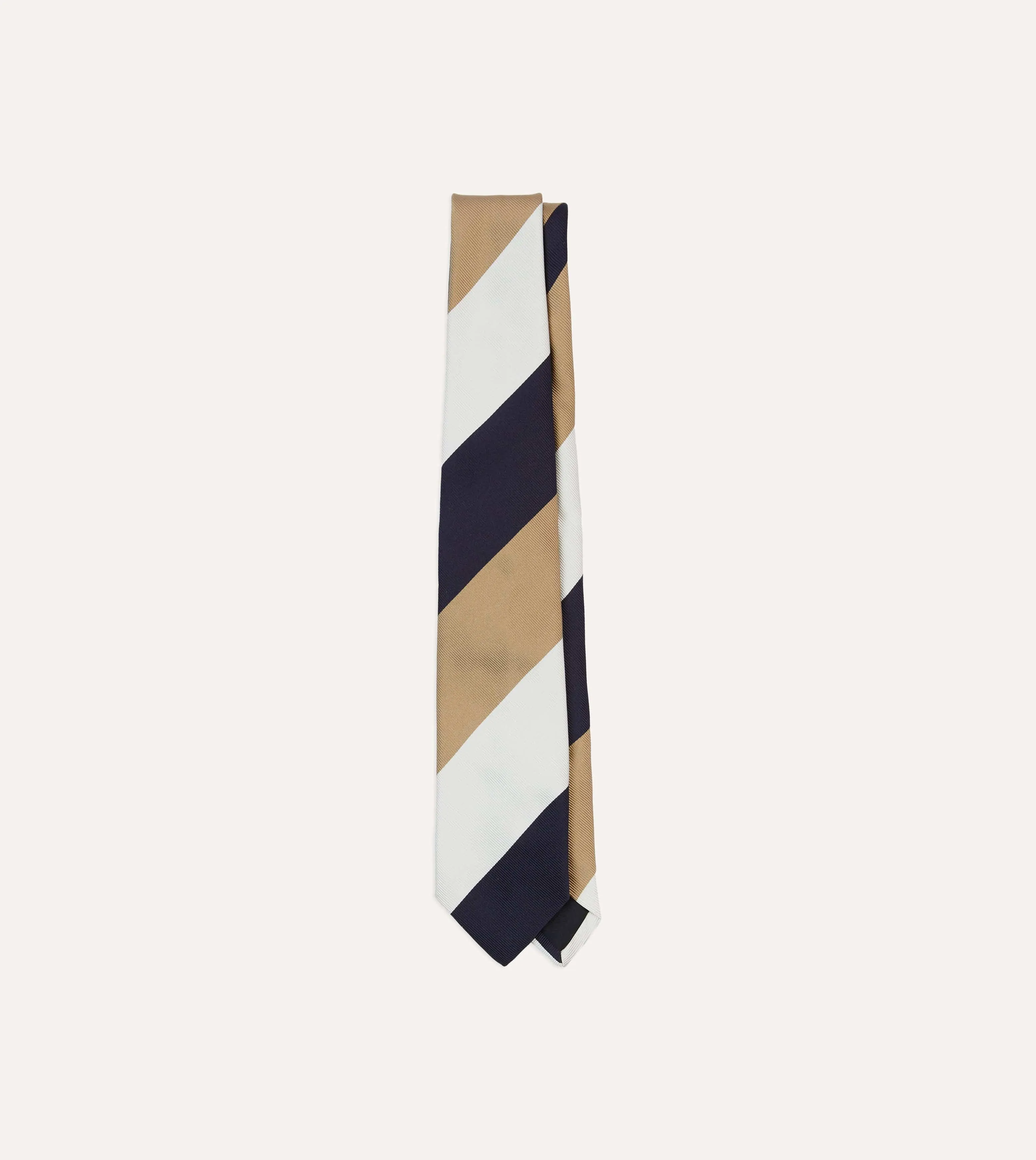 White, Navy and Brown Wide Stripe Repp Silk Tipped Tie sold by Drake's London