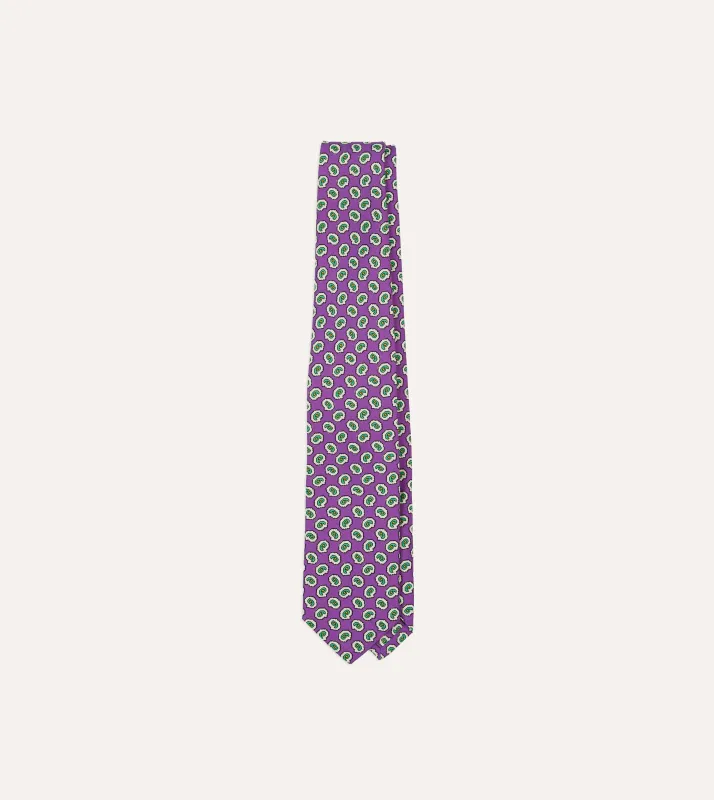 Purple Small Paisley Leaf Print Silk Self Tipped Tie sold by Drake's London