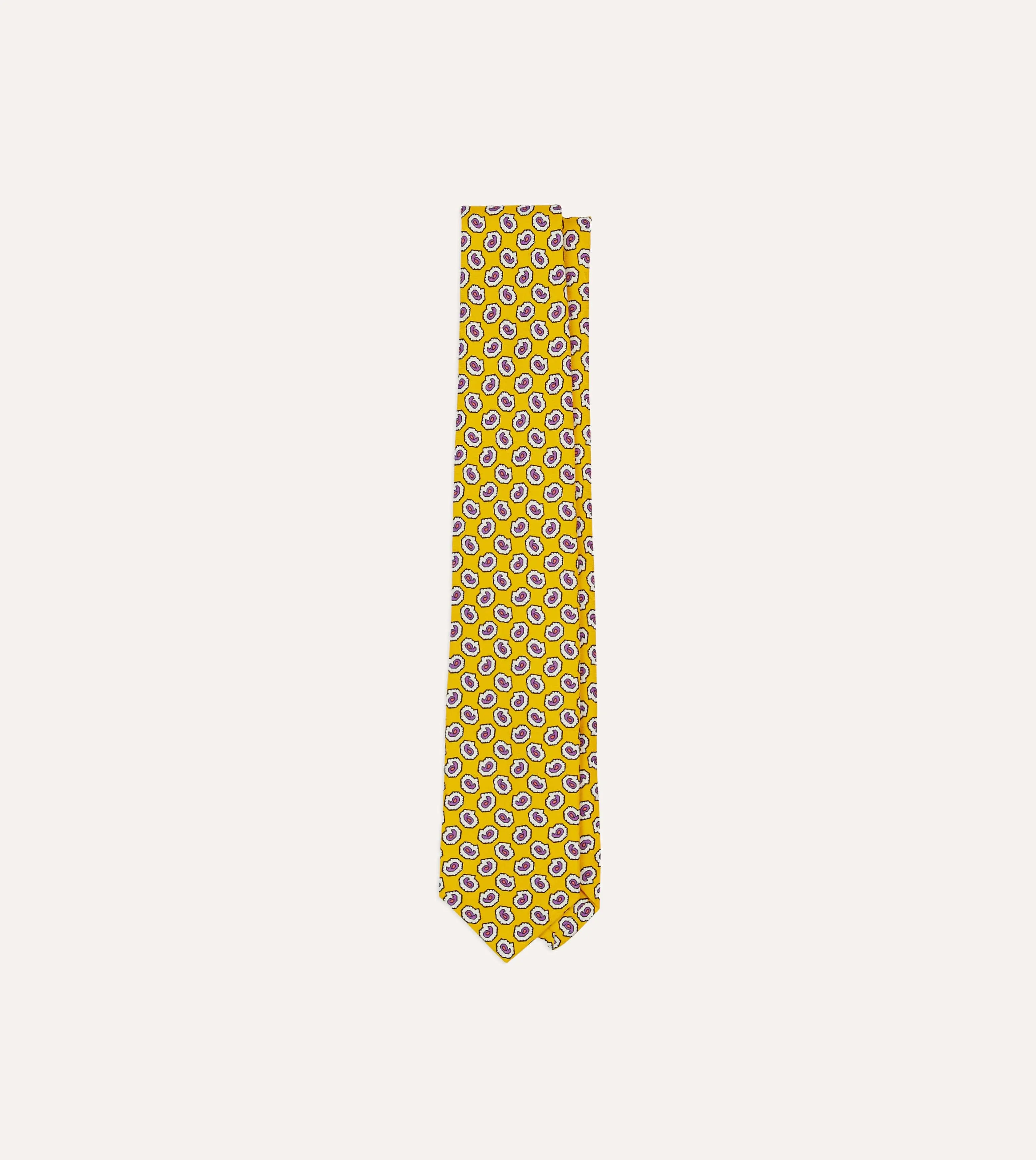 Yellow Small Paisley Leaf Print Silk Self Tipped Tie sold by Drake's London