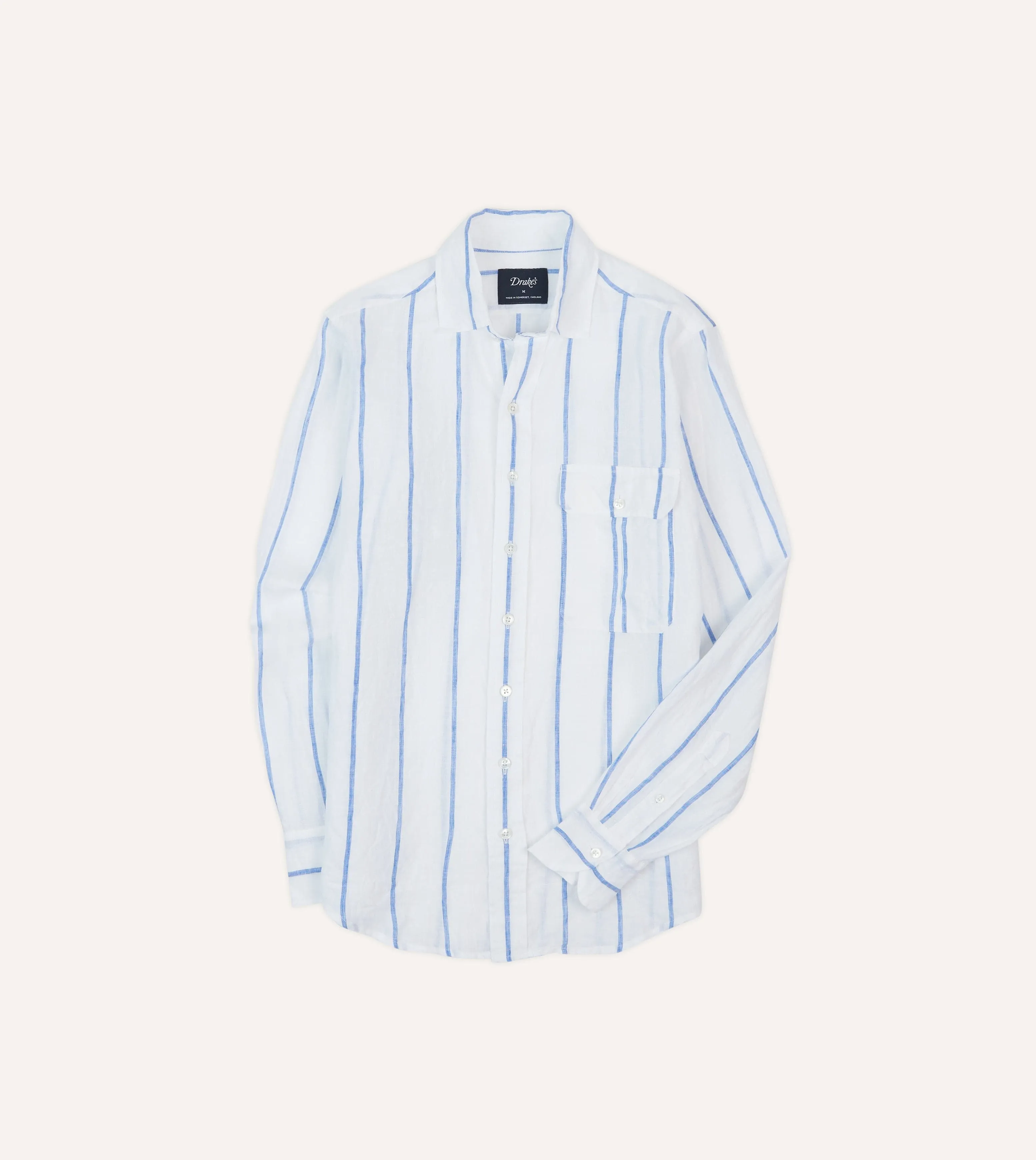 Blue Fine Stripe Linen Spread Collar Shirt sold by Drake's London