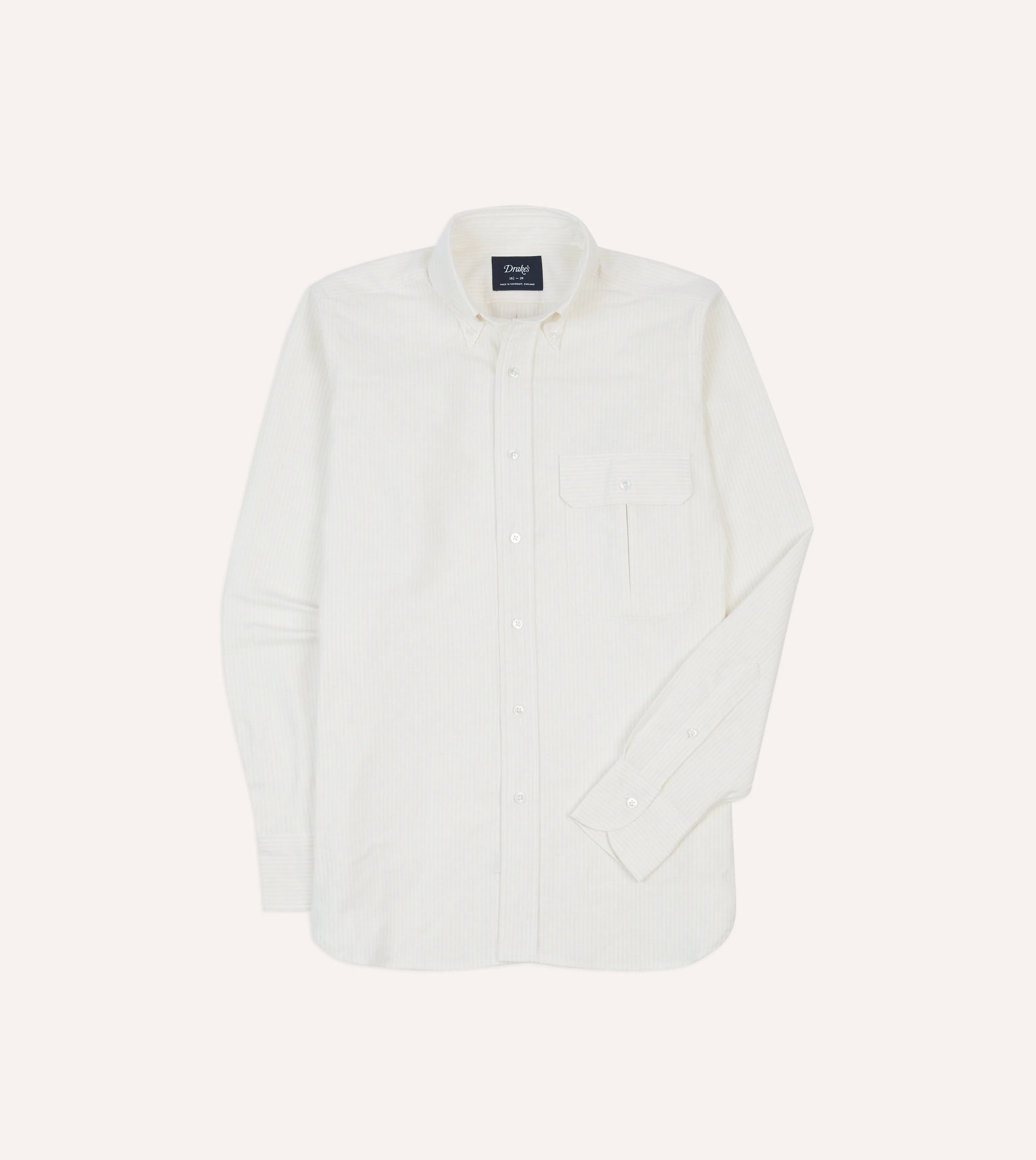 Cream Ticking Stripe Cotton Oxford Cloth Pocket Button-Down Shirt sold by Drake's London