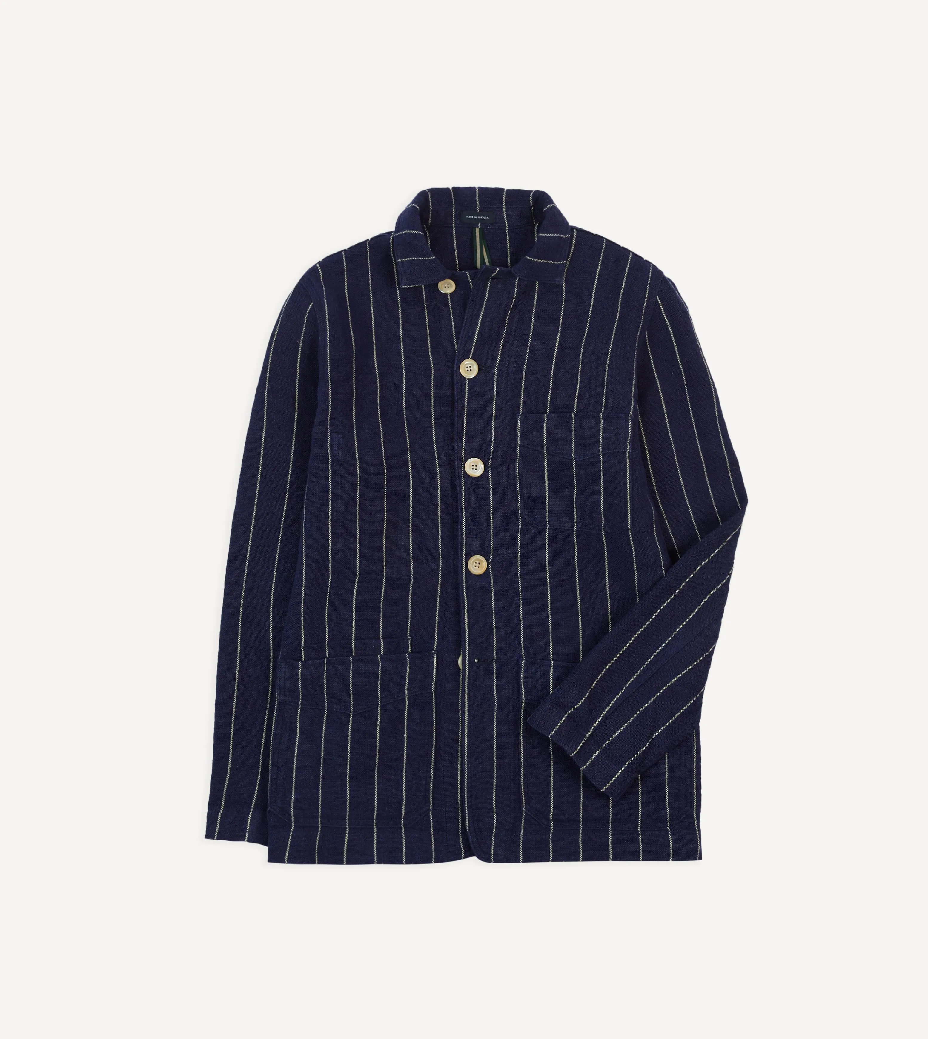 Navy Pinstripe Heavy Linen Five-Pocket Chore Jacket sold by Drake's London