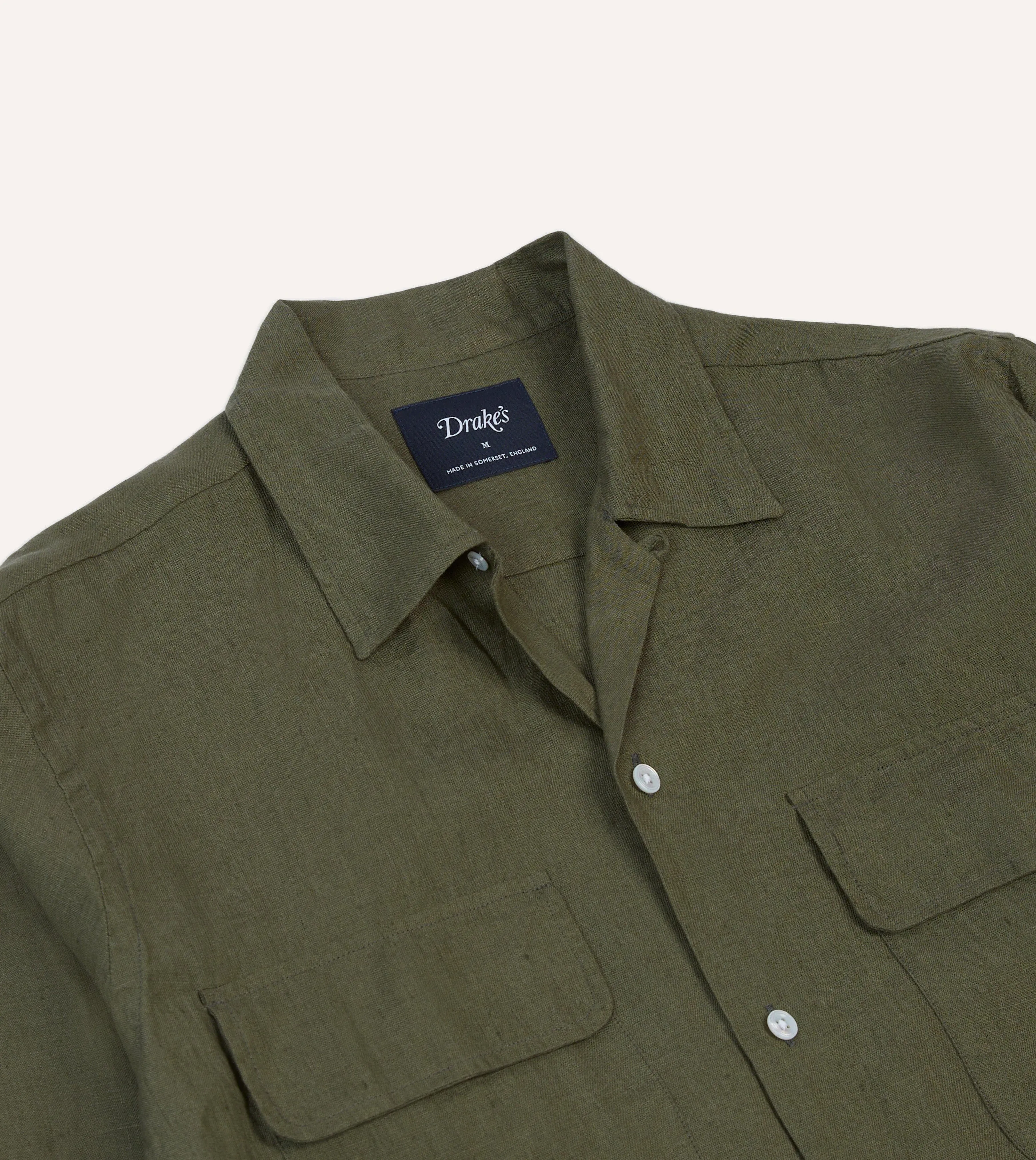 Khaki Linen Camp Collar Long Sleeve Shirt sold by Drake's London product image thumbnail 3