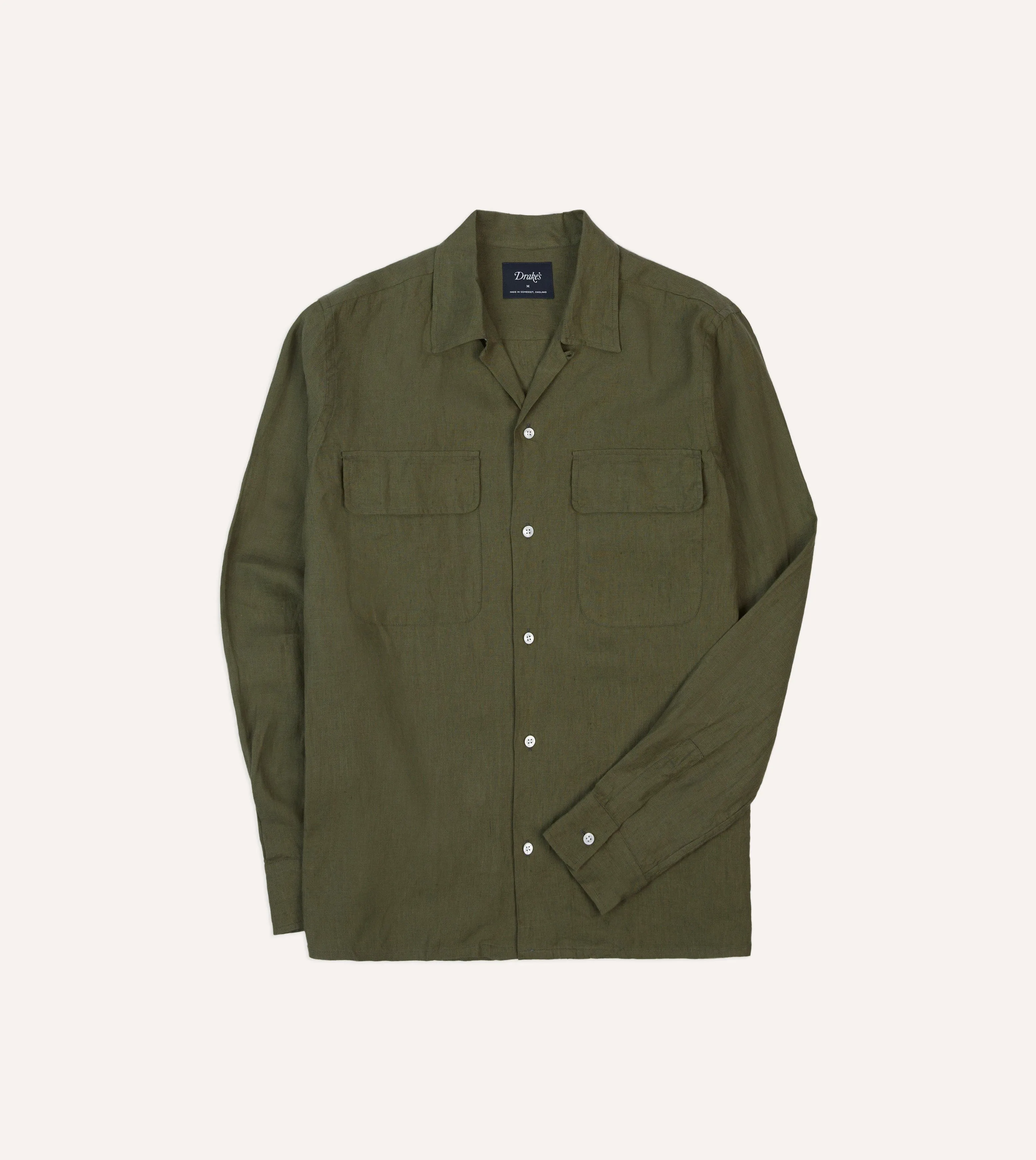 Khaki Linen Camp Collar Long Sleeve Shirt sold by Drake's London