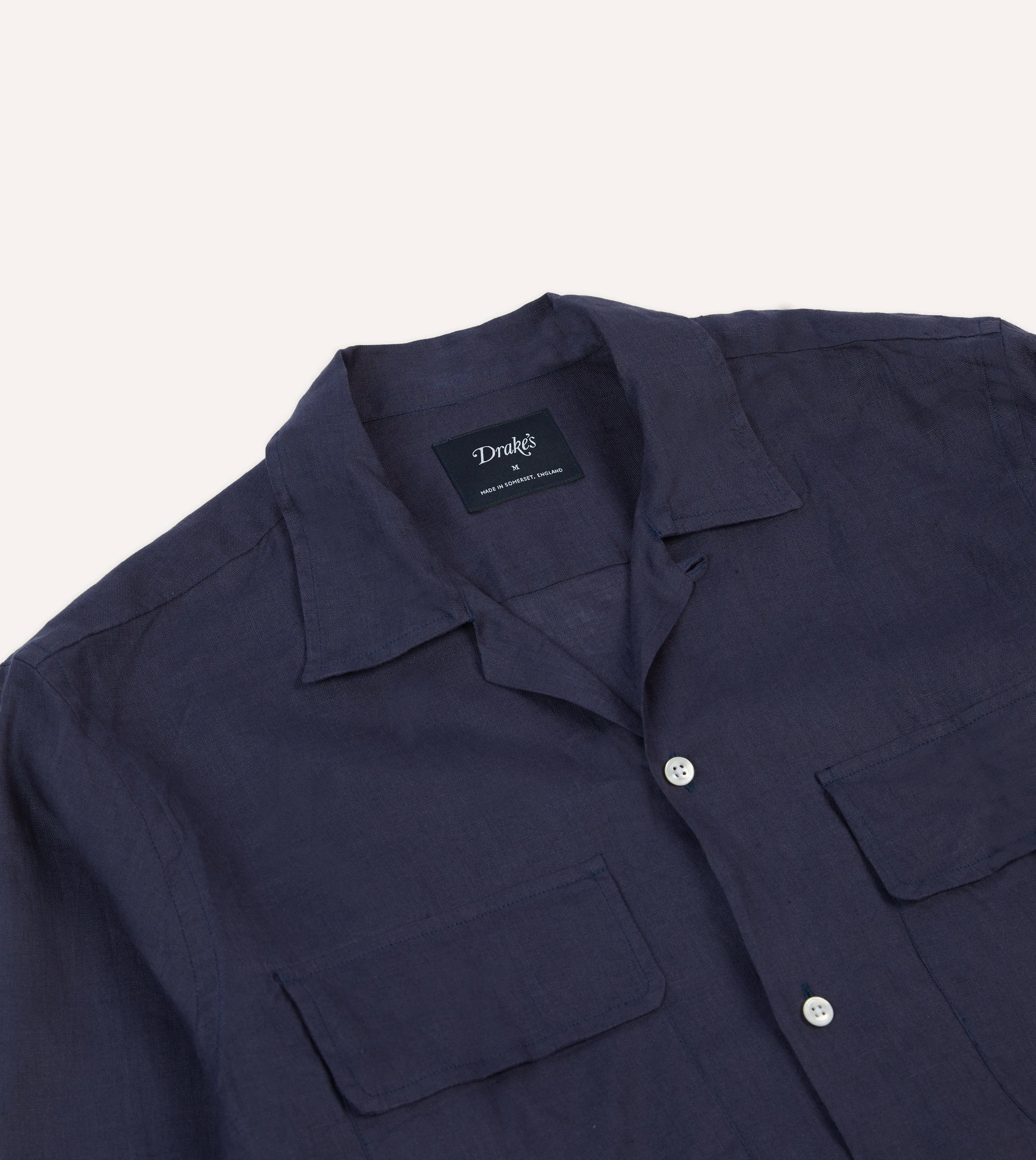 Navy Linen Camp Collar Long Sleeve Shirt sold by Drake's London product image thumbnail 3