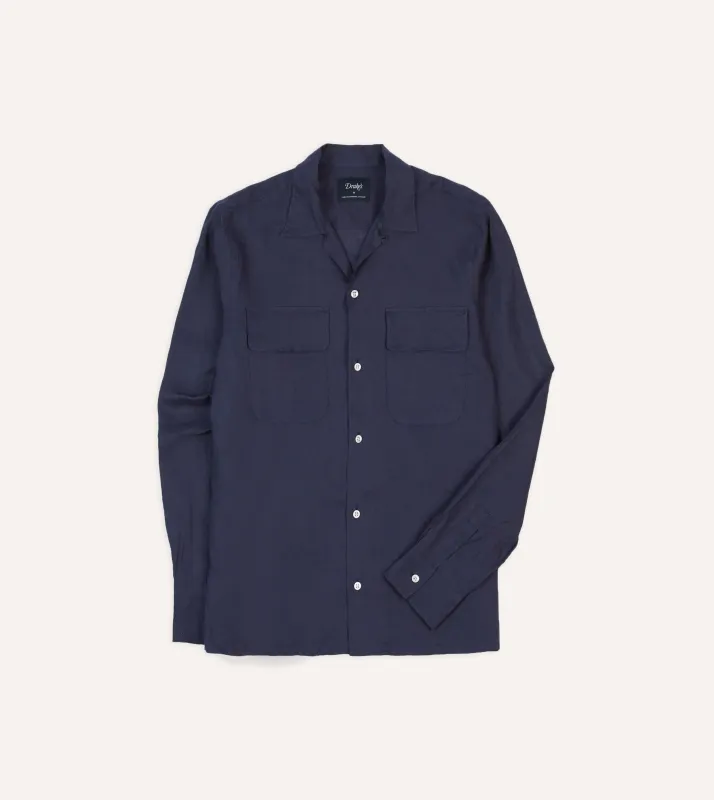 Navy Linen Camp Collar Long Sleeve Shirt made by Drake's London