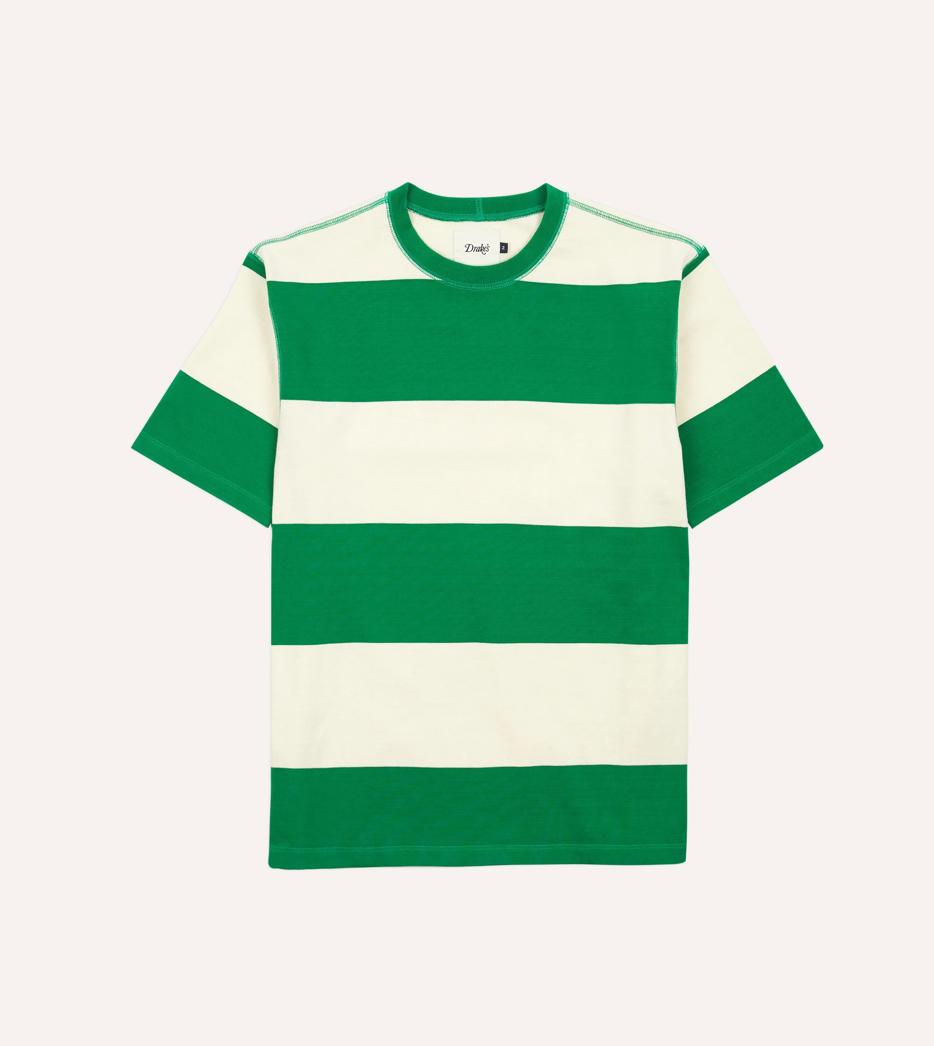 Green and White Wide Stripe Heavy Cotton Crew Neck Hiking T-Shirt sold by Drake's London