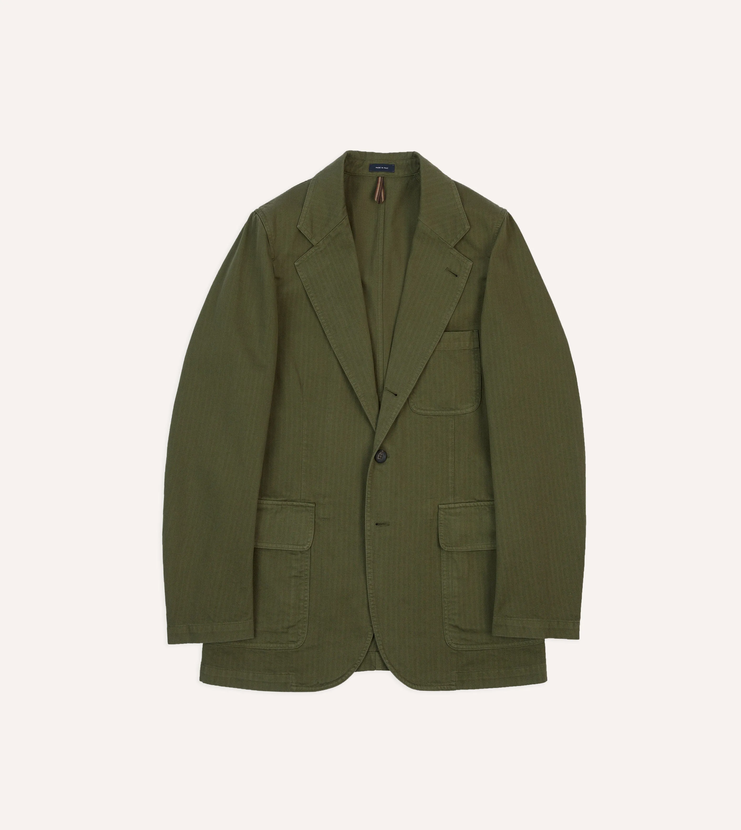 Olive Herringbone Cotton Games Blazer Mk. I sold by Drake's London
