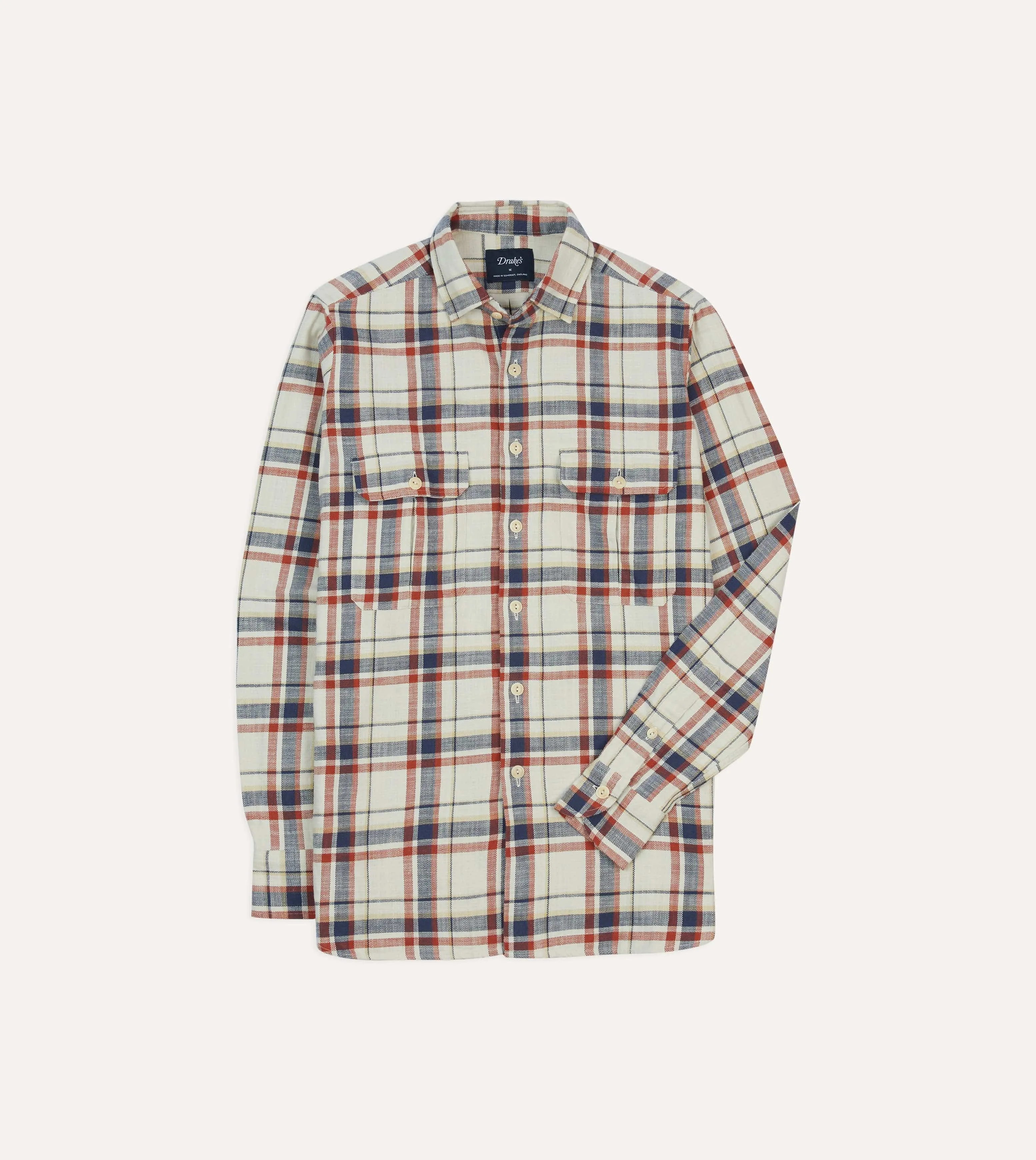 Ecru, Navy and Red Check Slub Cotton Two-Pocket Work Shirt sold by Drake's London