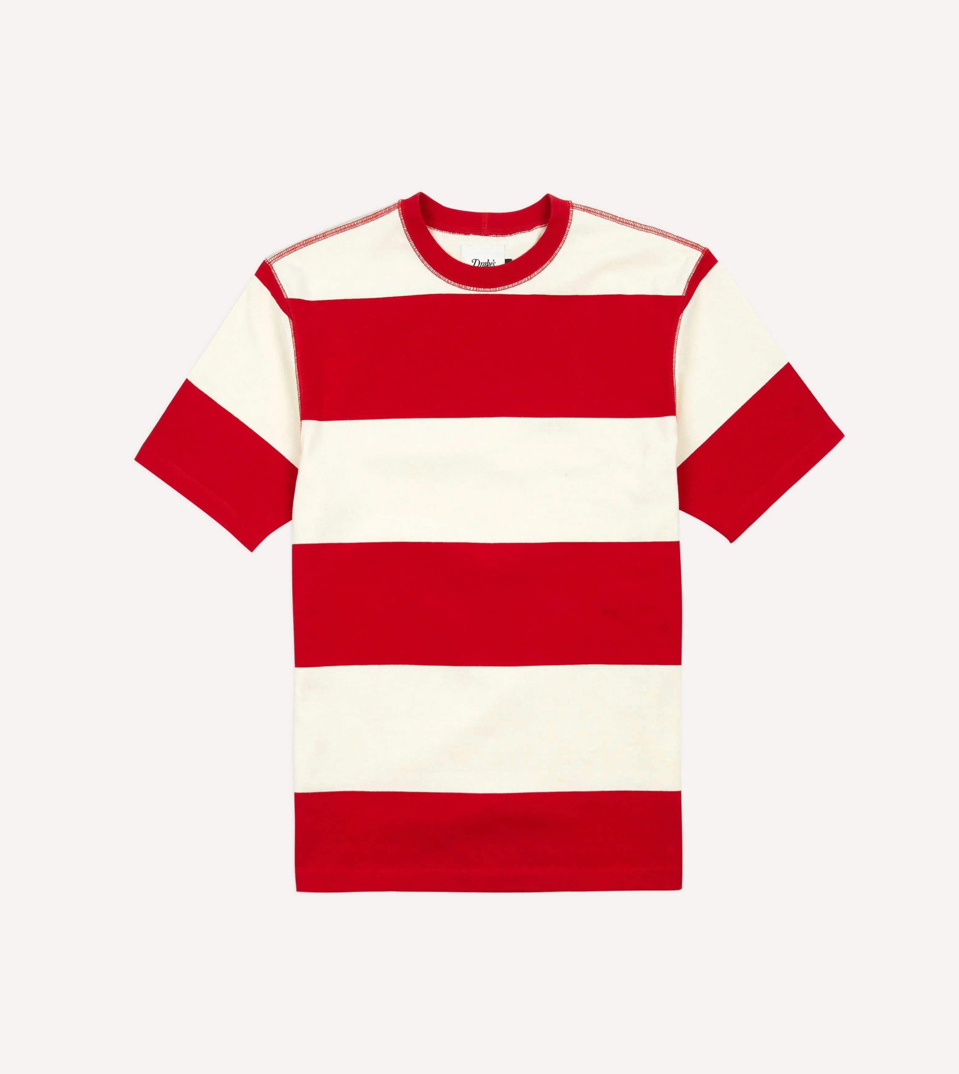 Red and White Wide Stripe Heavy Cotton Crew Neck Hiking T-Shirt sold by Drake's London