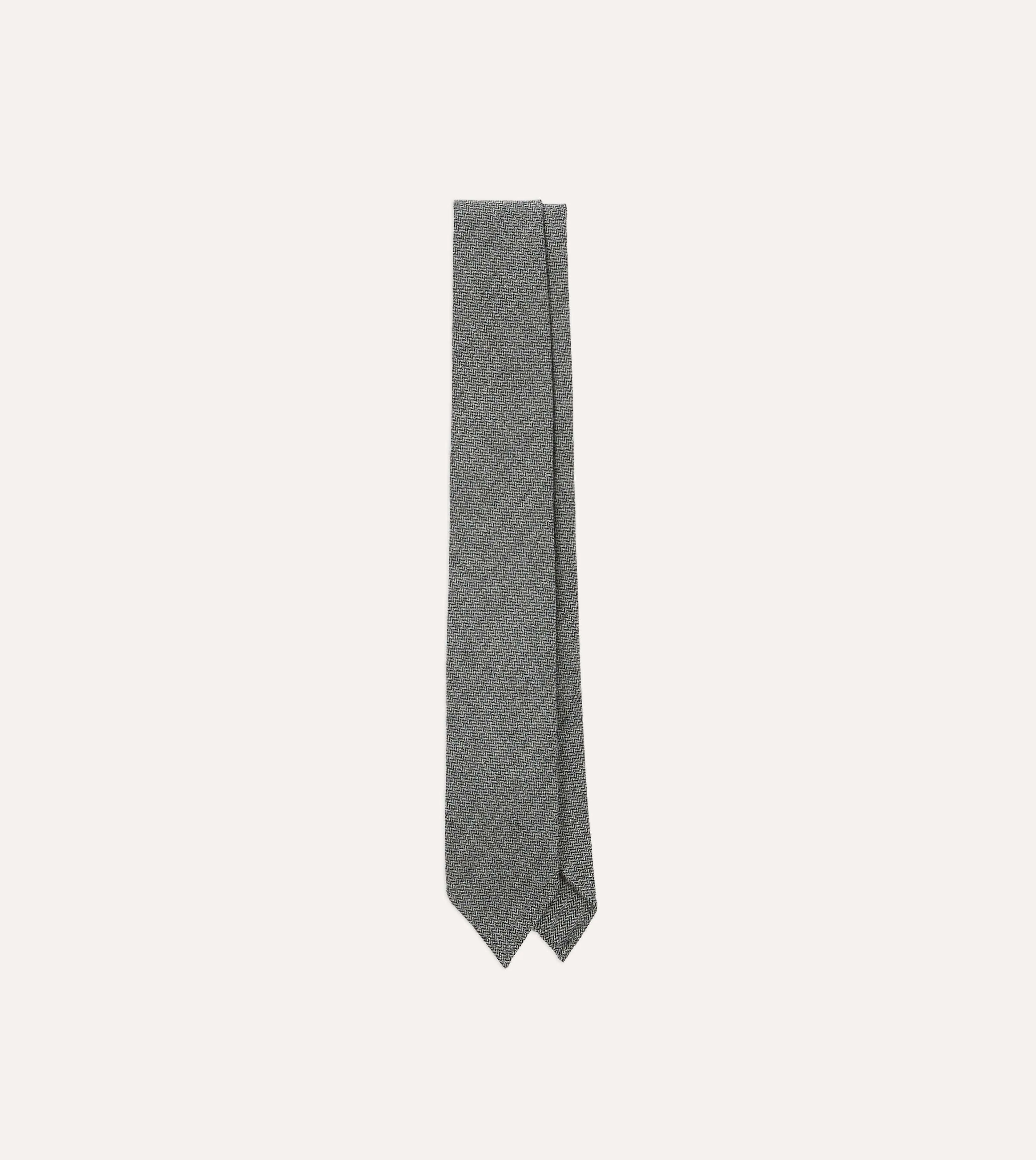 Grey Herringbone Hand Rolled Wool Tie sold by Drake's London