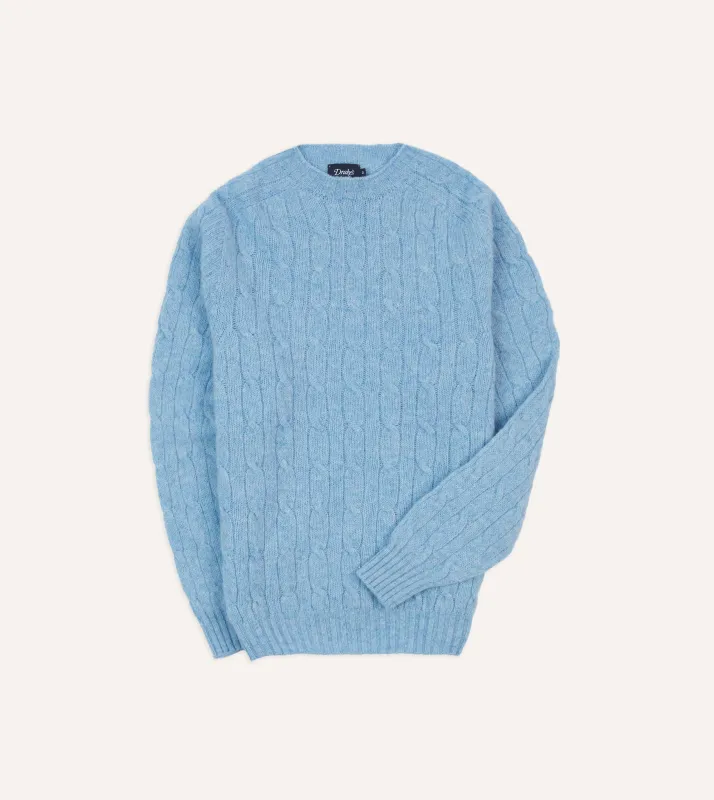 Blue Brushed Shetland Cable Knit Crew Neck Jumper sold by Drake's London