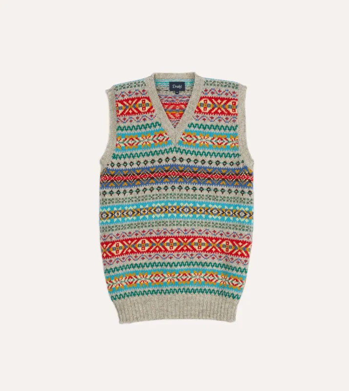 Multicoloured Fair Isle Lambswool Sleeveless V-Neck Jumper sold by Drake's London