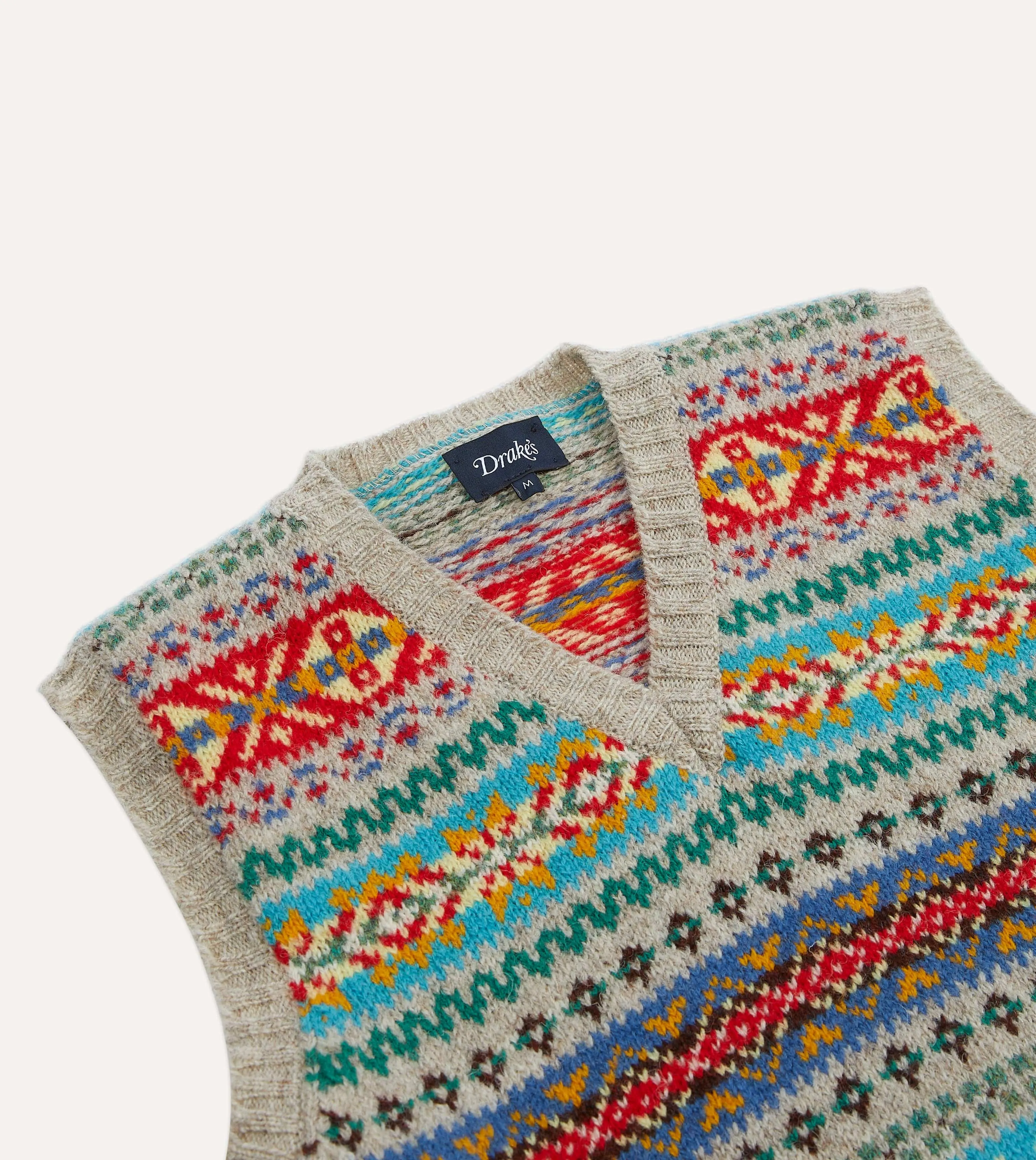 Multicoloured Fair Isle Lambswool Sleeveless V-Neck Jumper sold by Drake's London product image thumbnail 3