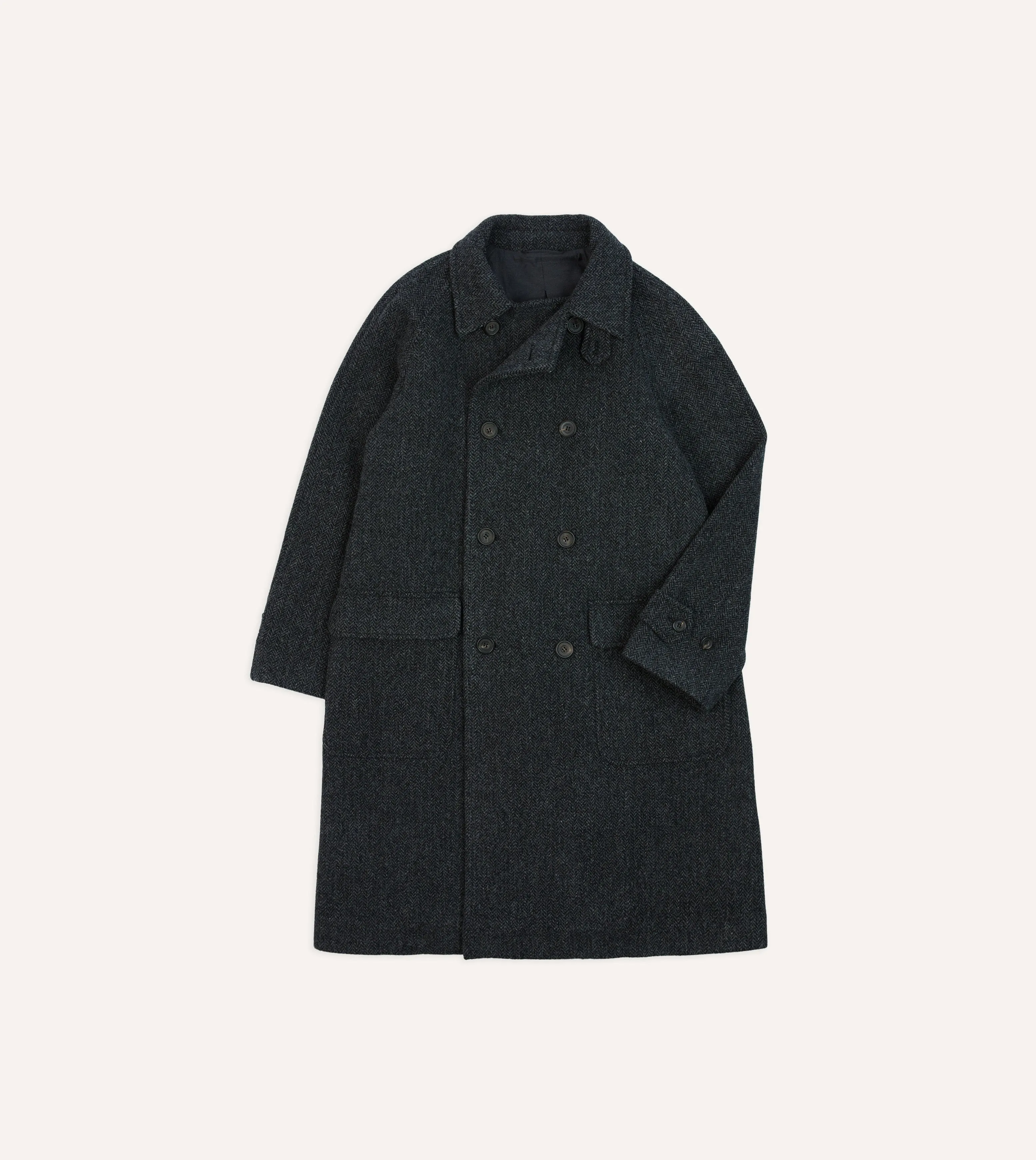 Grey Herringbone Wool Double-Breasted Raglan Coat sold by Drake's London